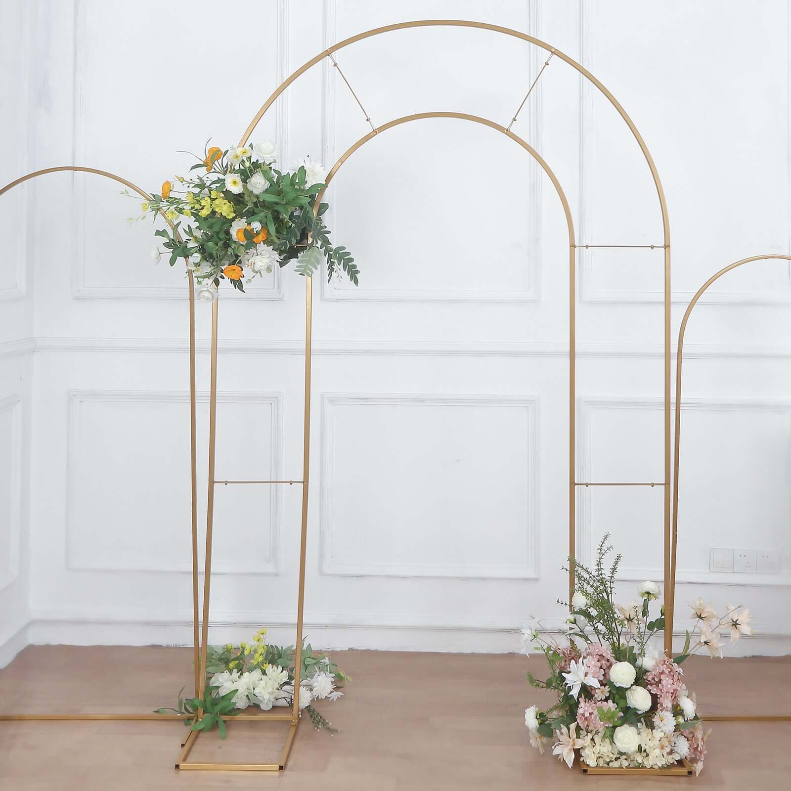 8ft Tall Gold Metal Round Top Double Arch Wedding Arbor Ceremony Stand, Flower Balloon Frame Backdrop Stand - Bell Racket Store