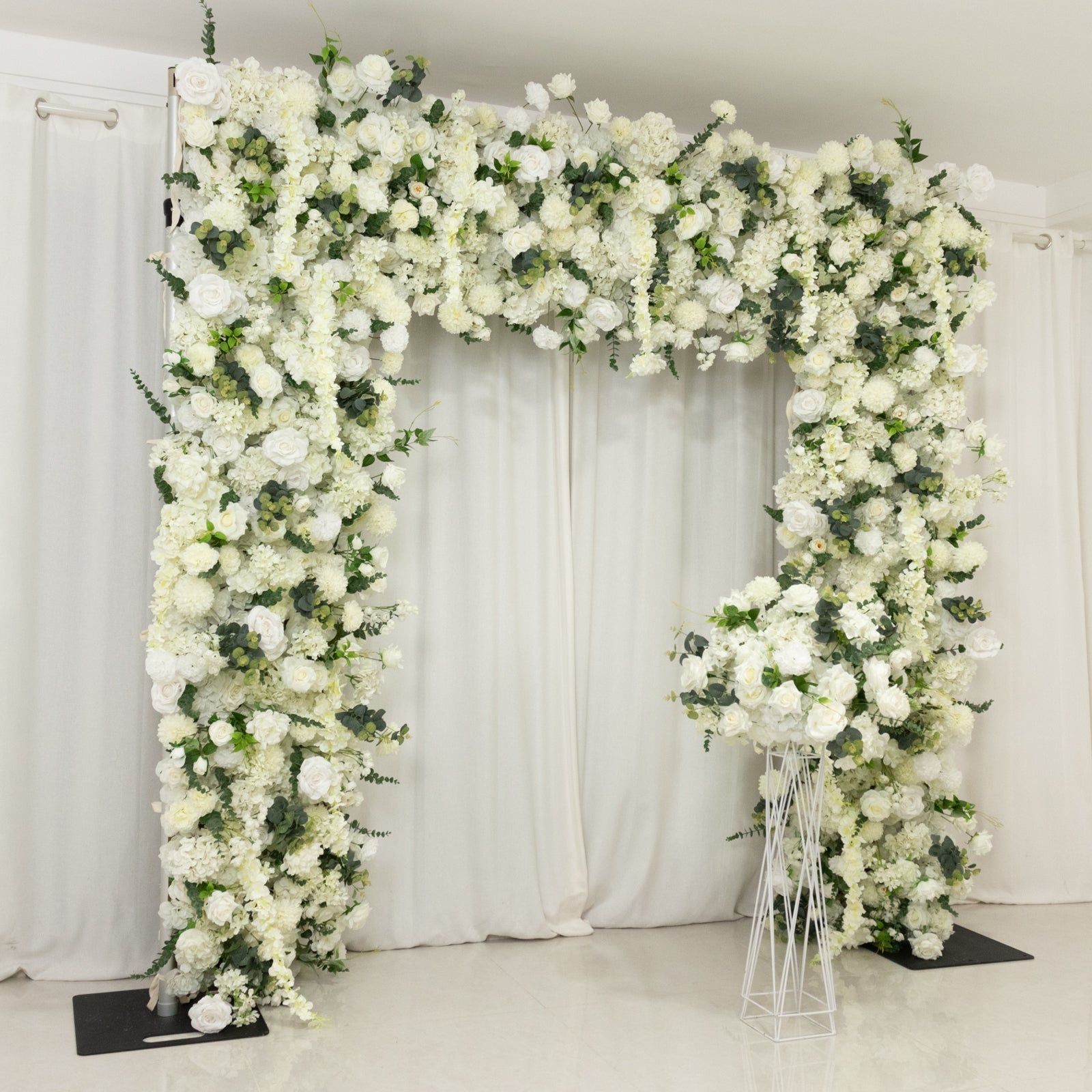 8ftx8ft Roll Up Flower Backdrop for Arch Stand, White with Fabric Backing - Artificial Silk Roses, Hydrangeas & Chrysanthemums for Weddings - Bell Racket Store