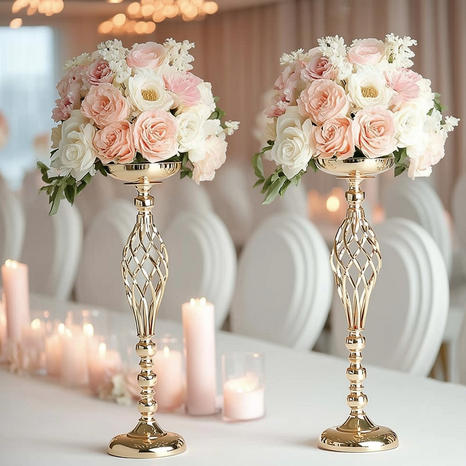 2-Pack Metal Pillar Candle Holders Reversible Flower Ball Pedestal Design Gold - Decorative Event Centerpieces 26"