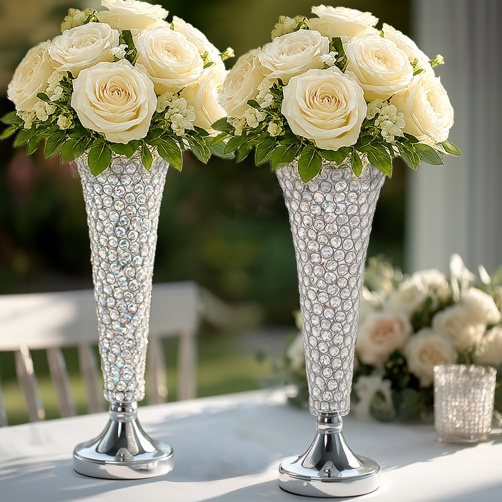 2-Pack Crystal Beaded Trumpet Vase Set Silver - Table Centerpiece for Stylish Decor 22"