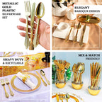 24 Pcs Plastic Silverware Set in Baroque Style Metallic Gold - Heavy Duty Disposable Knife, Fork, and Spoon Set