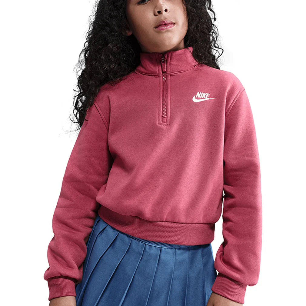 Girls' Sportswear Club Fleece 1/2-Zip Long-Sleeve Top Sweet Beet and White