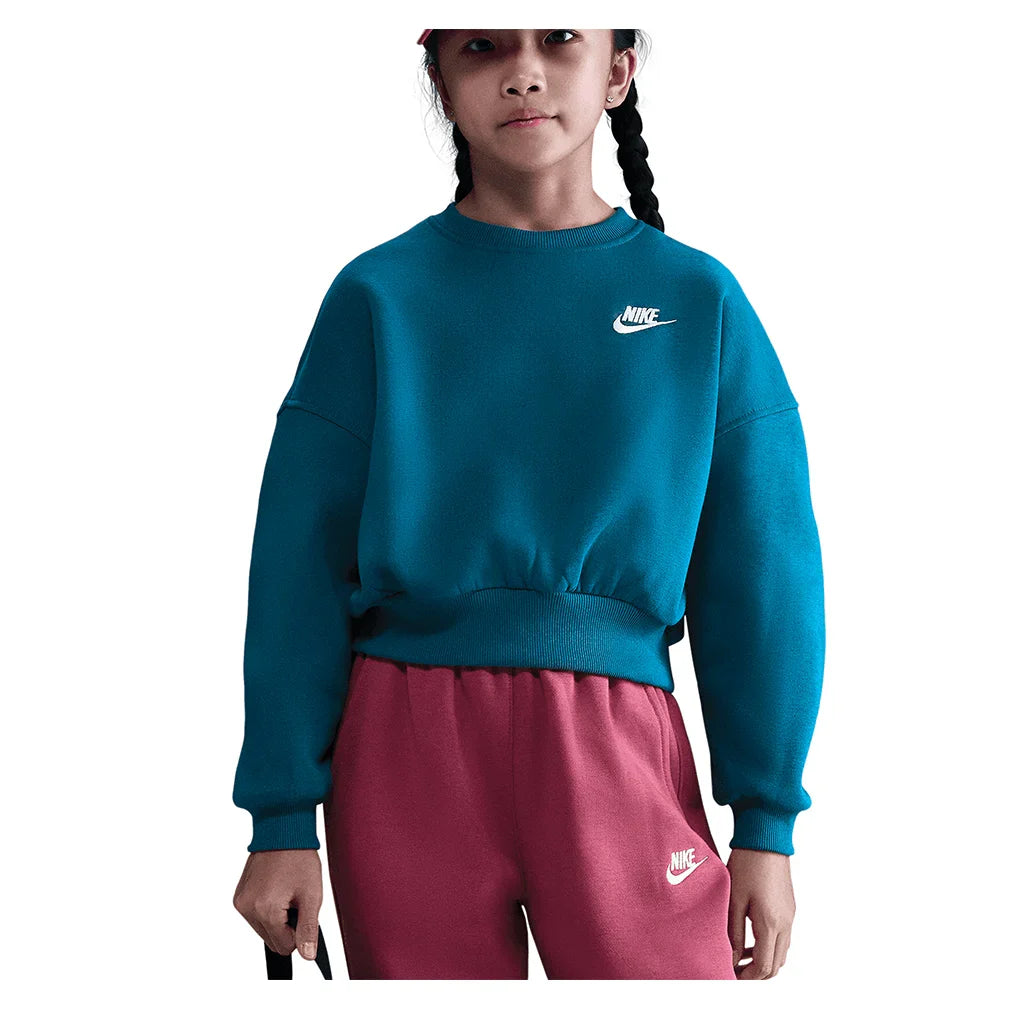 Girls' Sportswear Club Fleece Boxy Crew-Neck Sweatshirt Green Abyss and White