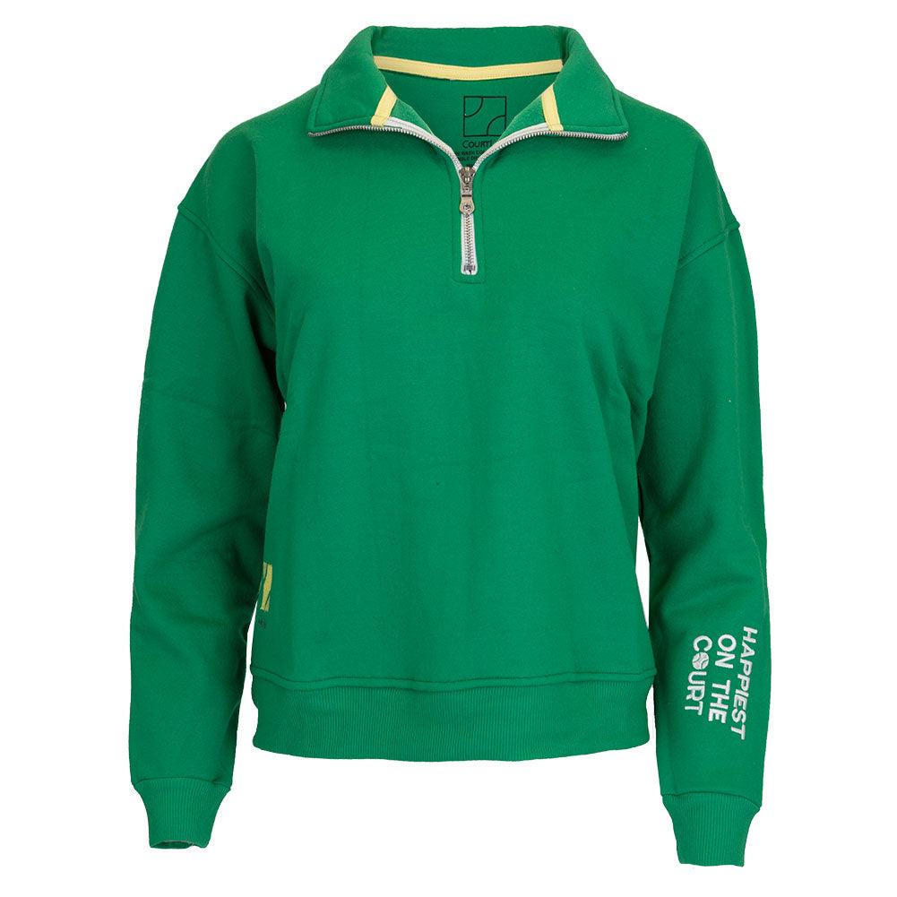 Women's Happiest On The Court 1/4 Zip Tennis Sweatshirt Green and White