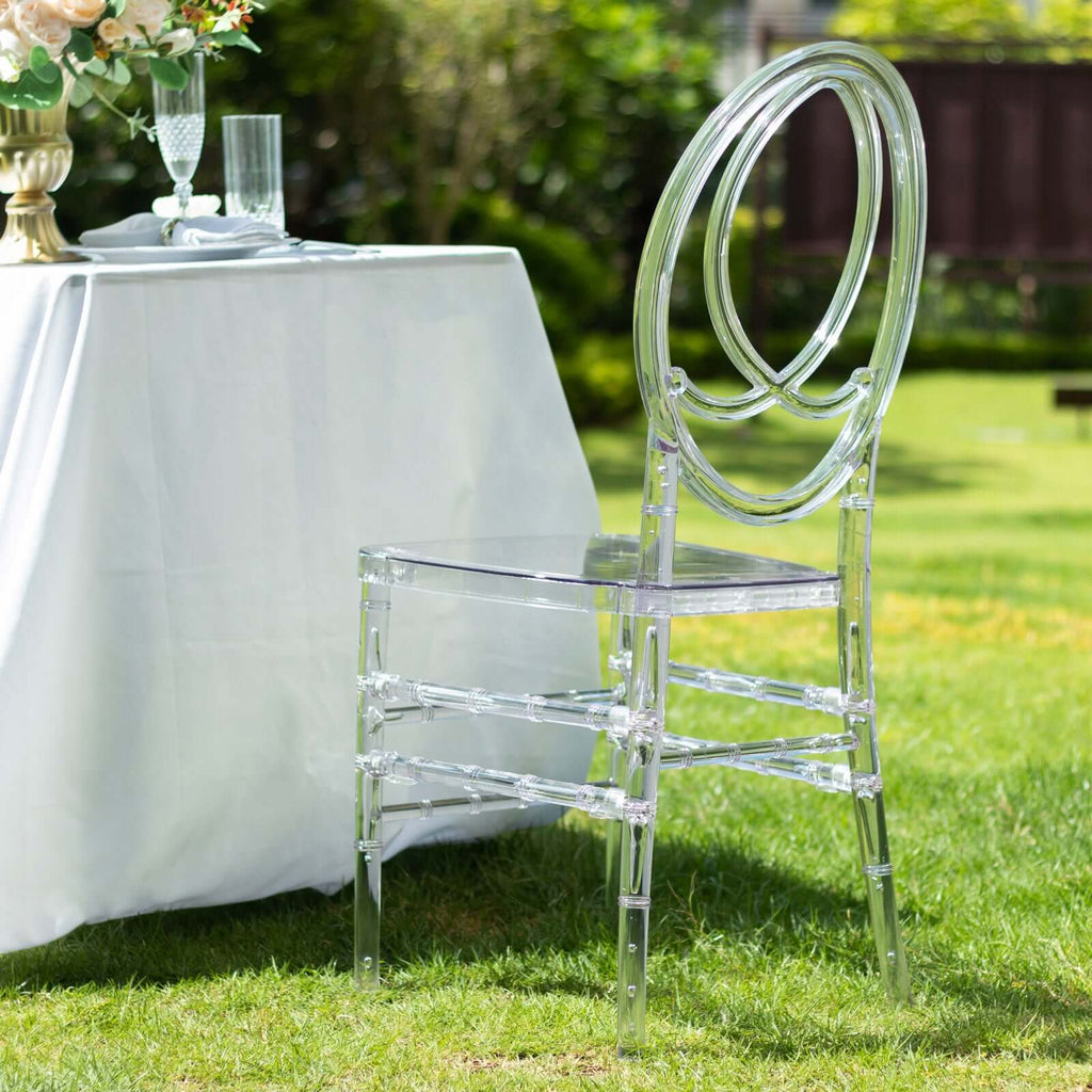 Acrylic Stackable Ghost Chair in Phoenix Chiavari style Transparent Resin with Oval Back Clear - Sleek Armless Design for Weddings & Gatherings - Bell Racket Store