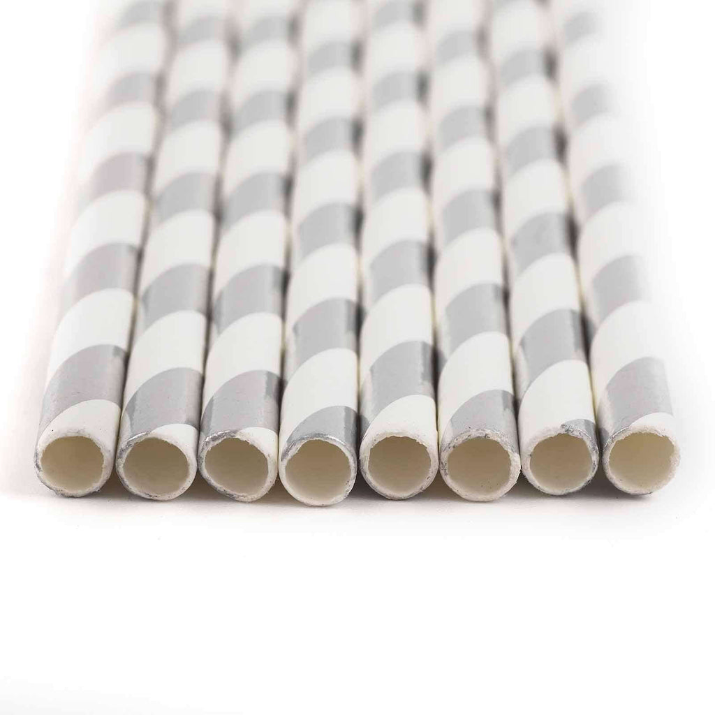 25-Pack Paper Straws White/Silver Striped - Stylish Disposable Straws for Drinks 8"
