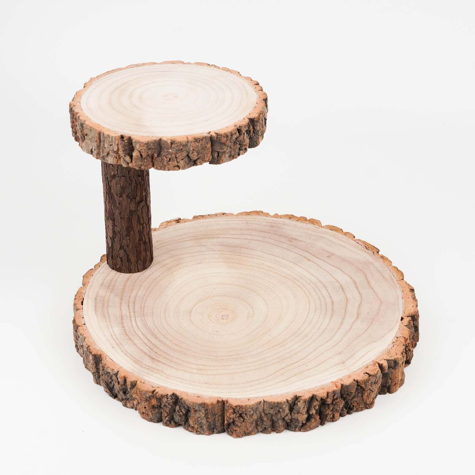 2-Tier Wooden Cheese Board Stand Elm Wood Slice Design Natural - Rustic Cupcake Centerpiece 8"