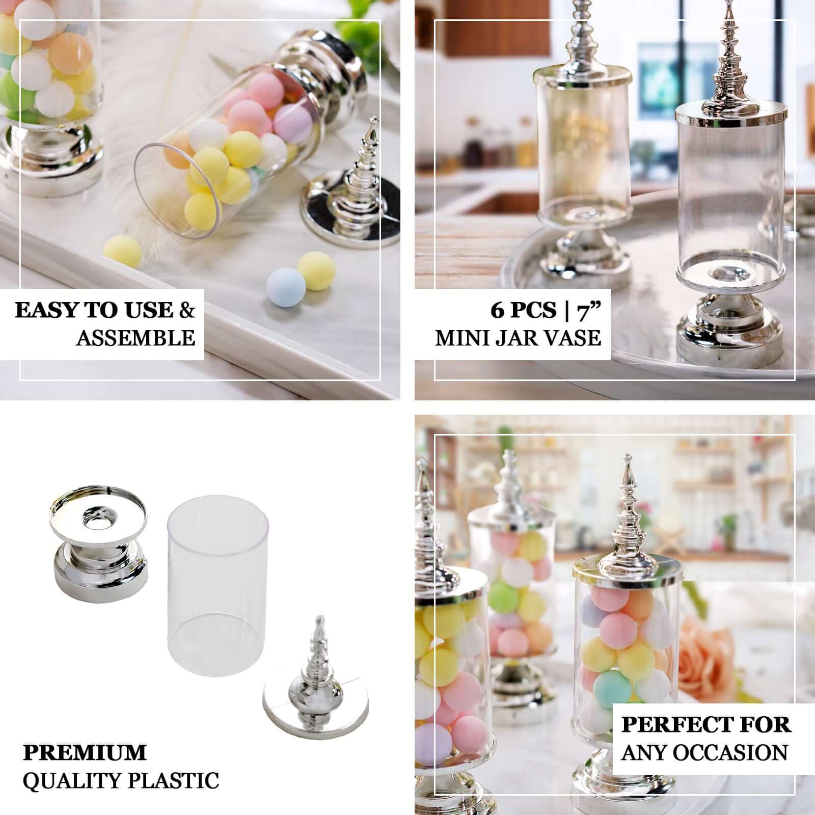 6-Pack Pillar Candy Jar Candy Container Clear/Silver - Decorative Apothecary Jars for Party Favors 7"