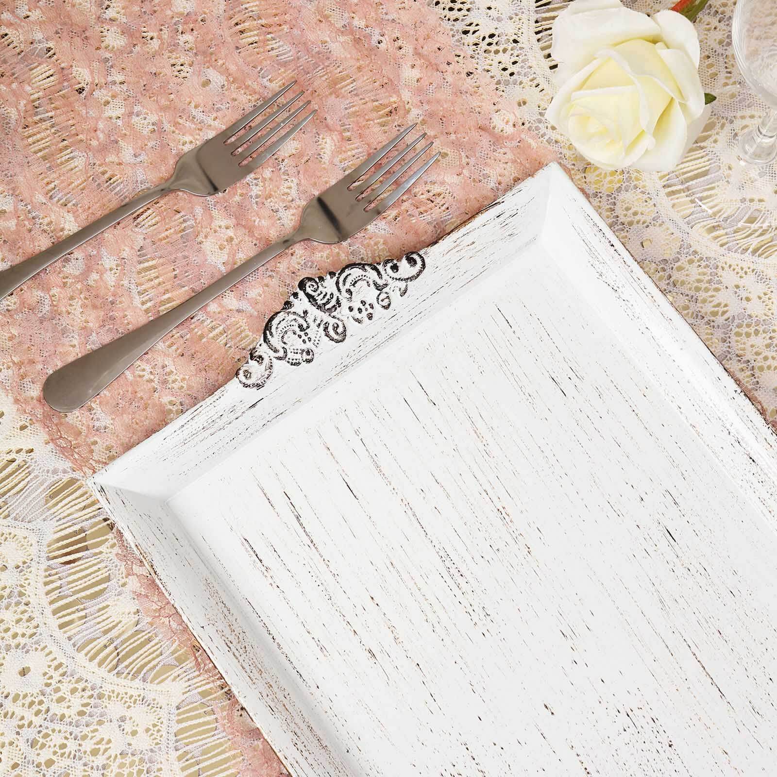 2-Pack Acrylic Rectangle Serving Trays 14"x10" in White Wash with Embossed Handles, Antique Decorative Dinner Party Food Platters