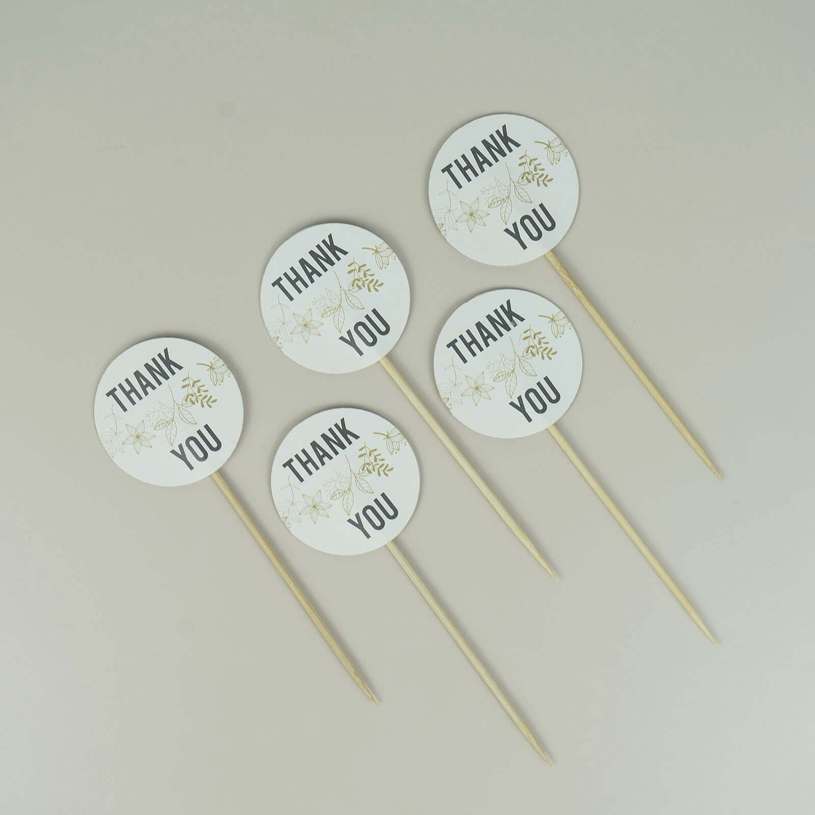 50-Pack Bamboo Cupcake Toppers Thank You Tag Round Design - Decorative Top Cocktail Picks 5.5"