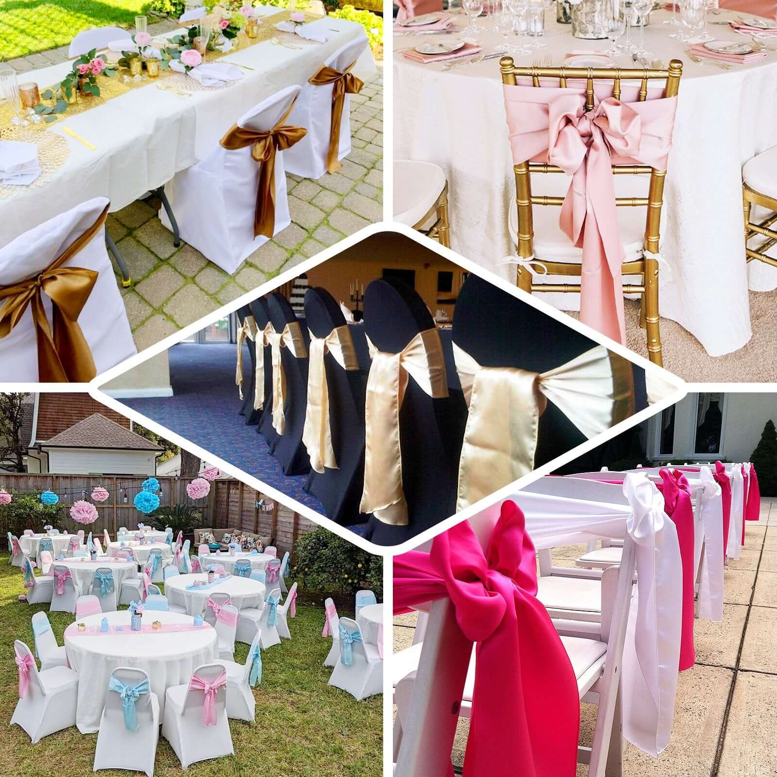 5 Pack Satin Chair Sashes Gold - Durable Chair Bows with Shiny Finish for Classy Event Chair Decor 6"x106"
