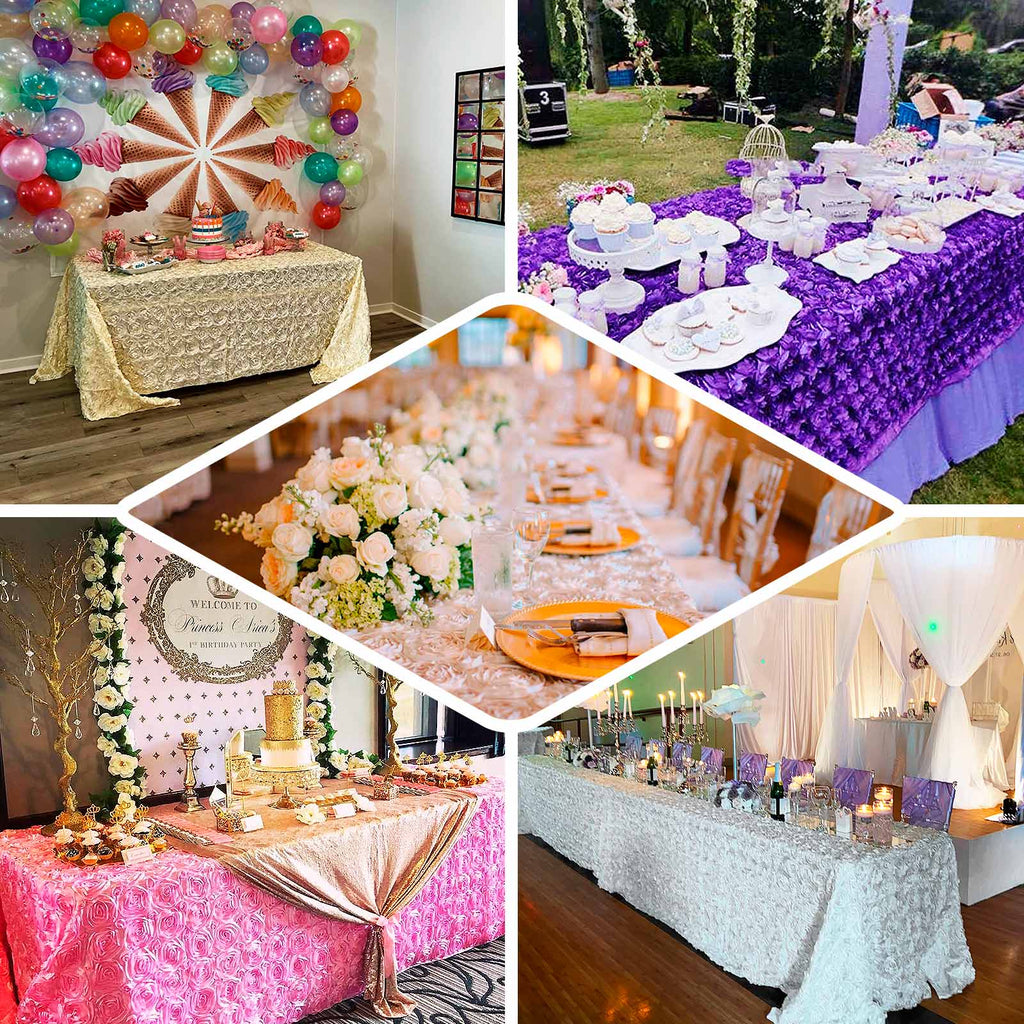 Satin 90"x132" Rectangle Tablecloth Purple - Grandiose 3D Rosette Seamless Table Cover