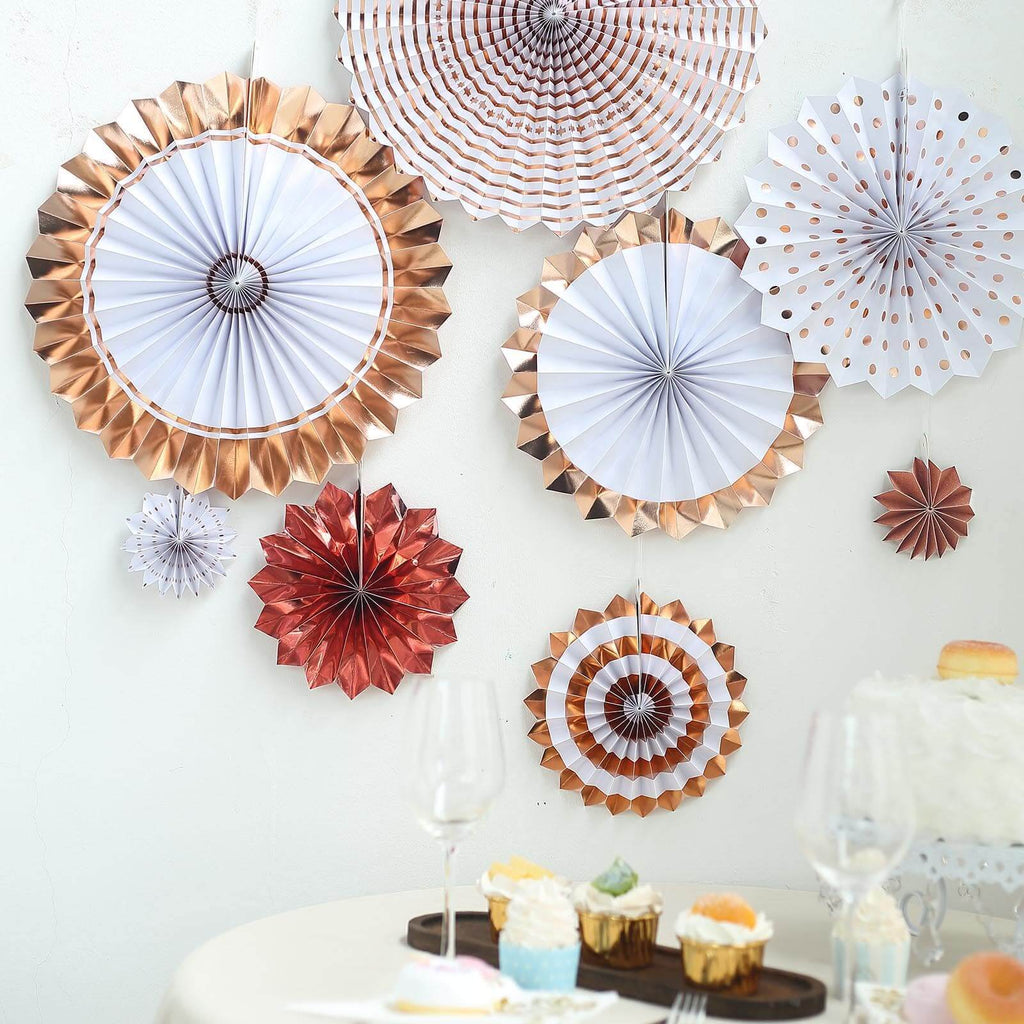 Set of 8 Gold Rose Gold Hanging Paper Fan Decorations, Pinwheel Wall Backdrop Party Kit - 4", 8", 12"