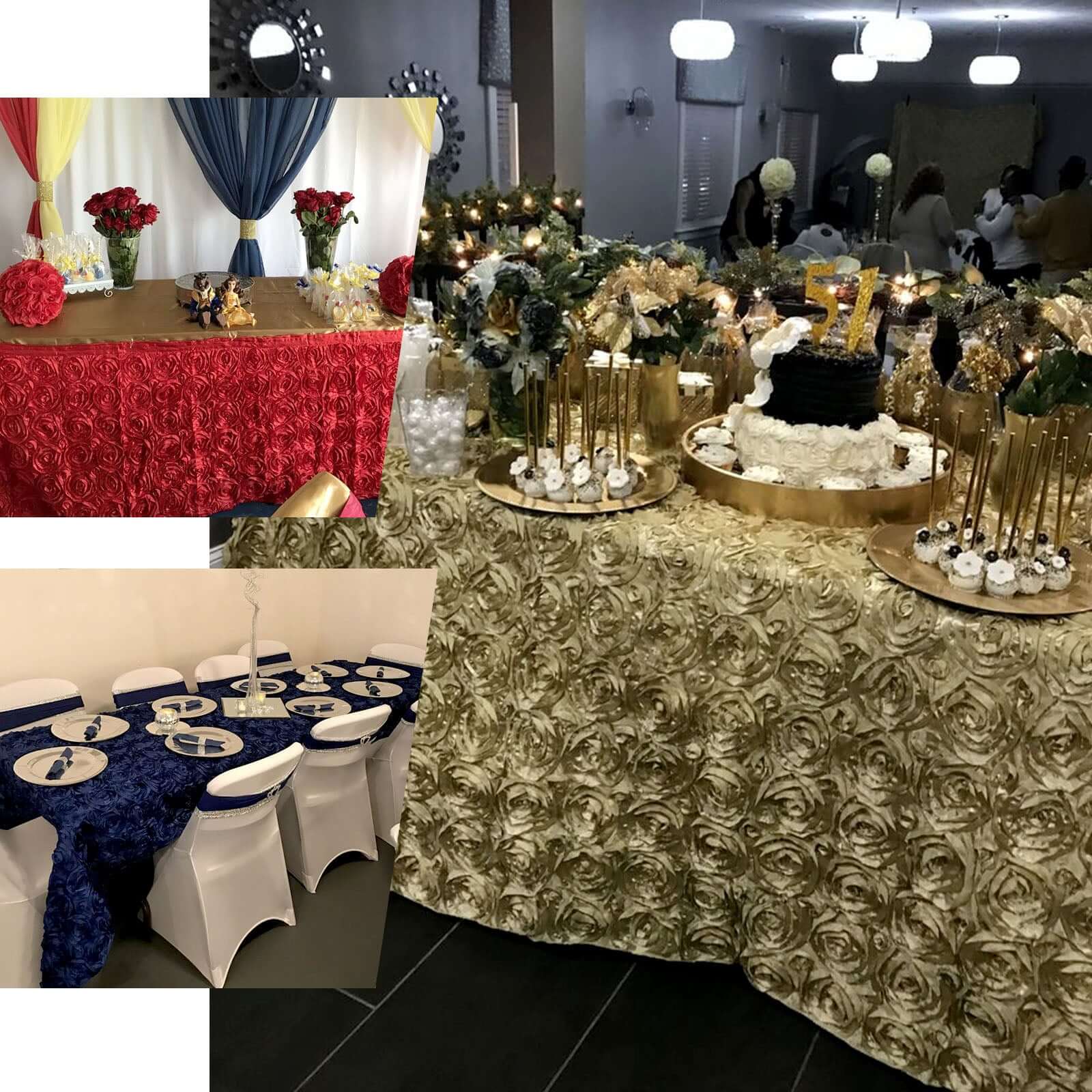 Satin 90"x156" Rectangle Tablecloth Royal Blue - Grandiose 3D Rosette Table Cover with Seamless Finish