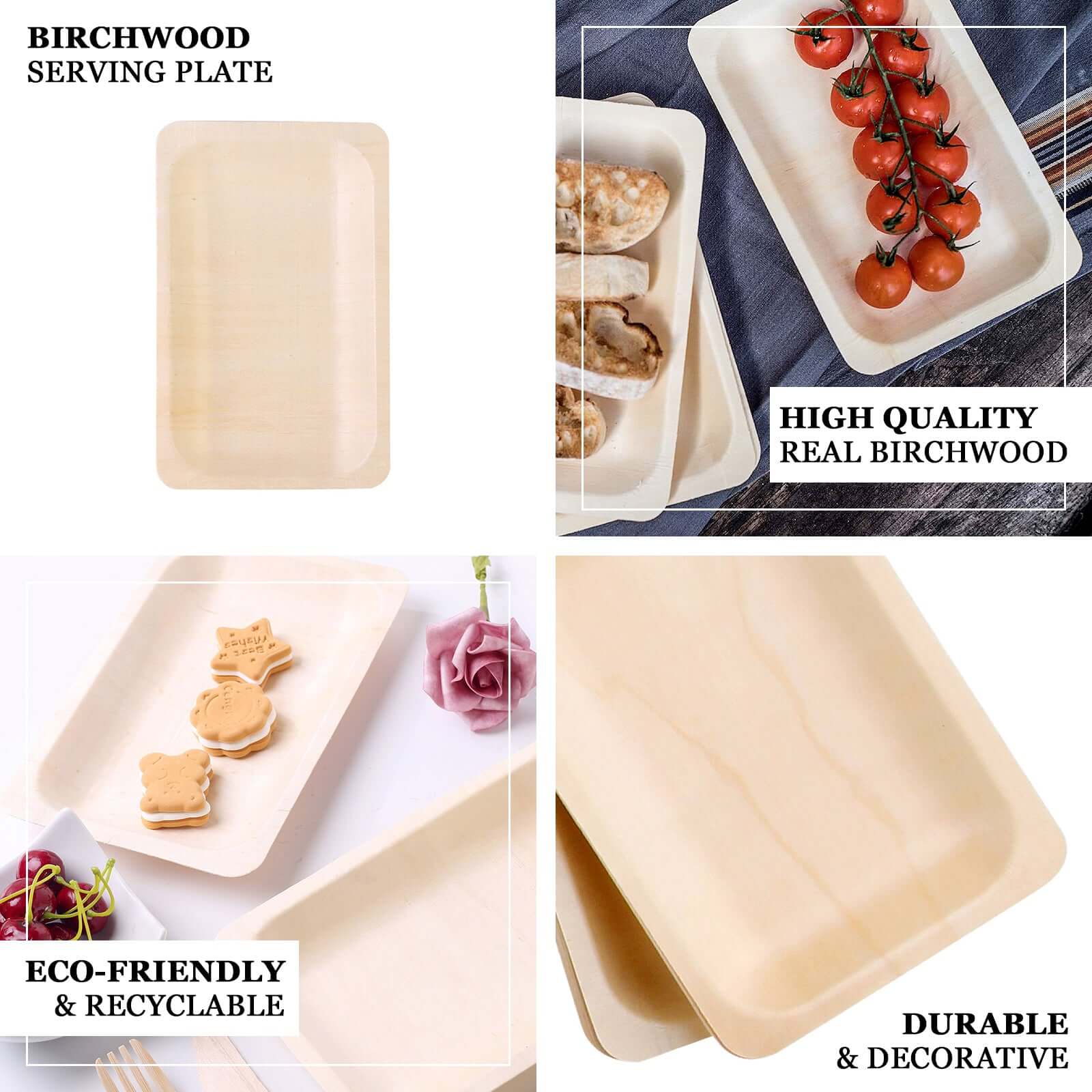 25-Pack Birchwood 5"x8" Rectangle Dessert Serving Plates - Natural Eco Friendly Wooden Disposable Plates for Farmhouse-Style Events, Parties & Gatherings