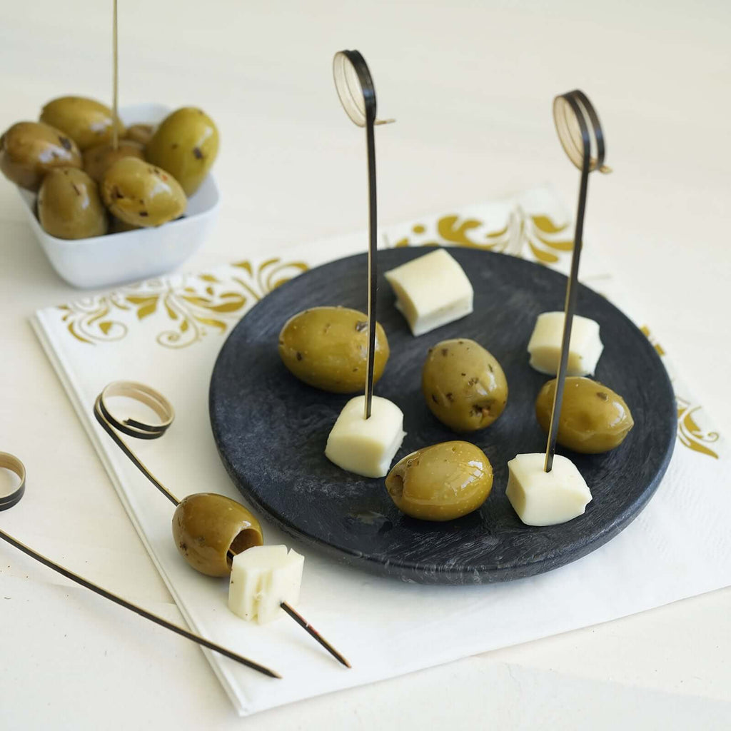 100-Pack Bamboo Cocktail Sticks Black Loop Ring Decorative Top Design - Eco Friendly Party Picks 5"