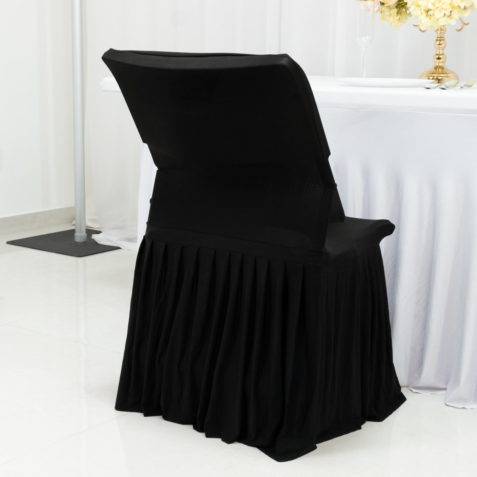 Black Spandex Pleated Lifetime Folding Chair Cover â€“ Stretch Slipcover with Floor - Length Skirt, Also Fits Standard Chairs - Bell Racket Store