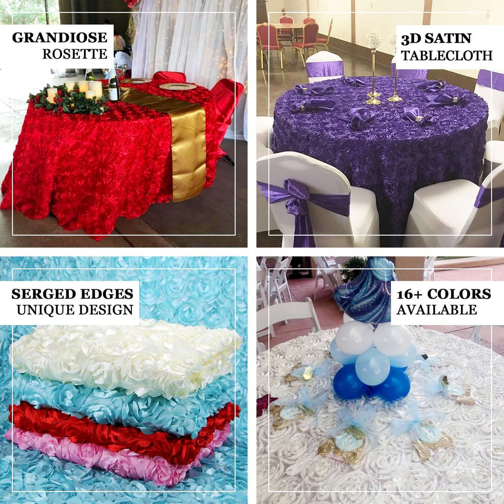 Satin 120" Round Tablecloth Royal Blue - Grandiose 3D Rosette with Seamless Finish Table Cover