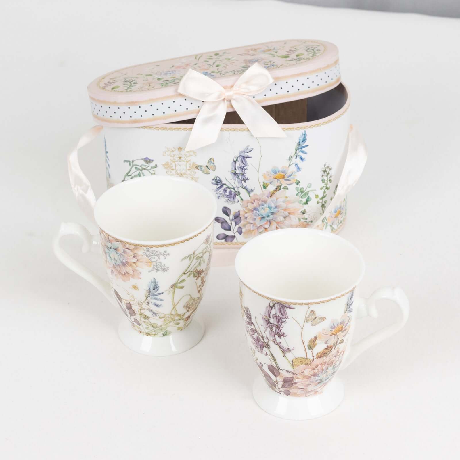 Blush Floral Design Bridal Shower Gift Set, 2 Pack Porcelain Tea Cups With Matching Keepsake Gift Box and Satin Ribbon Handle - Bell Racket Store