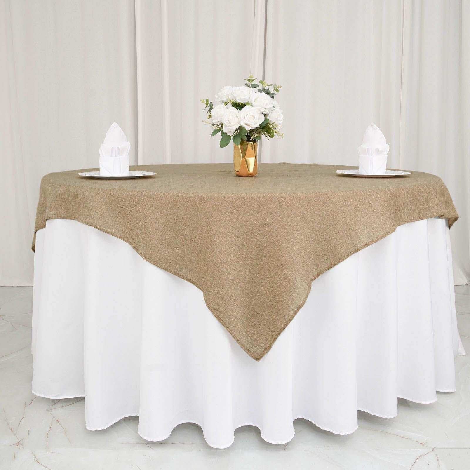 Burlap 72"x72" Faux Jute Table Overlay Square Tablecloth Natural - Boho Chic Design for Vintage Celebrations