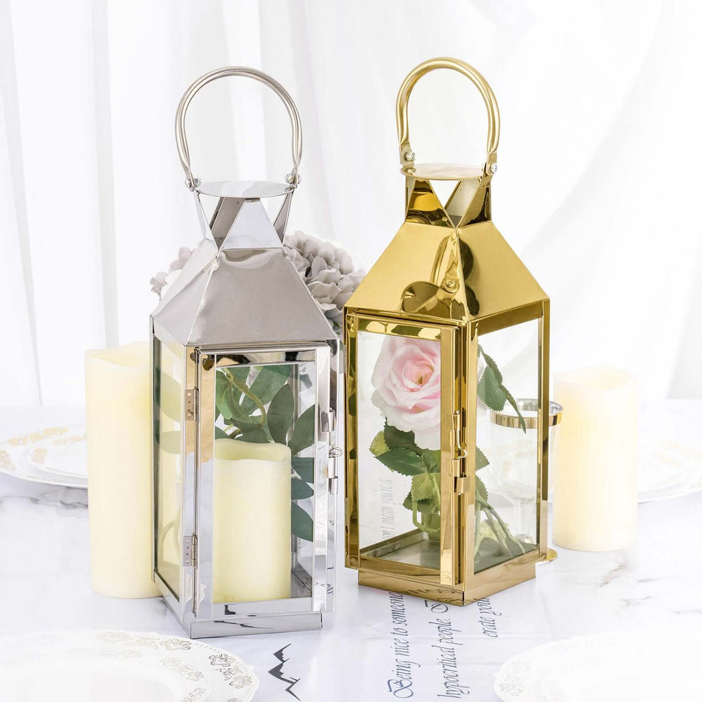 Stainless Steel Candle Lantern Crown Top Design Gold - Outdoor Metal Patio Lantern Centerpiece 14"