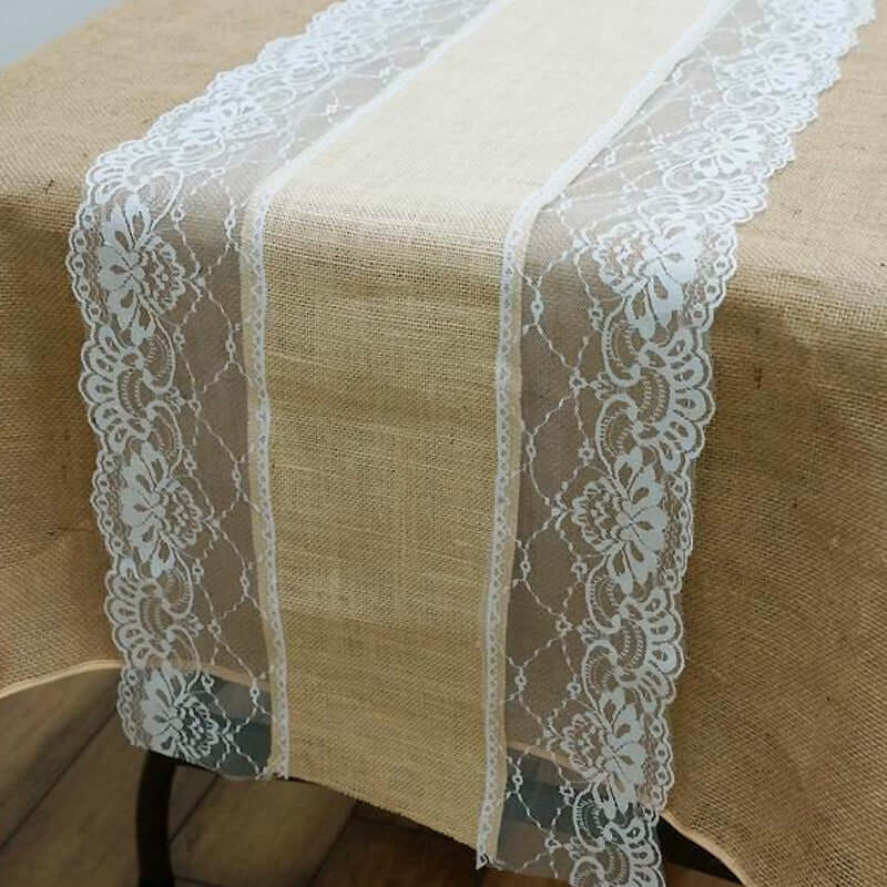 Burlap Jute 16"x108" Table Runner Natural With White Lace Edges - Rustic Vintage Tabletop Decor