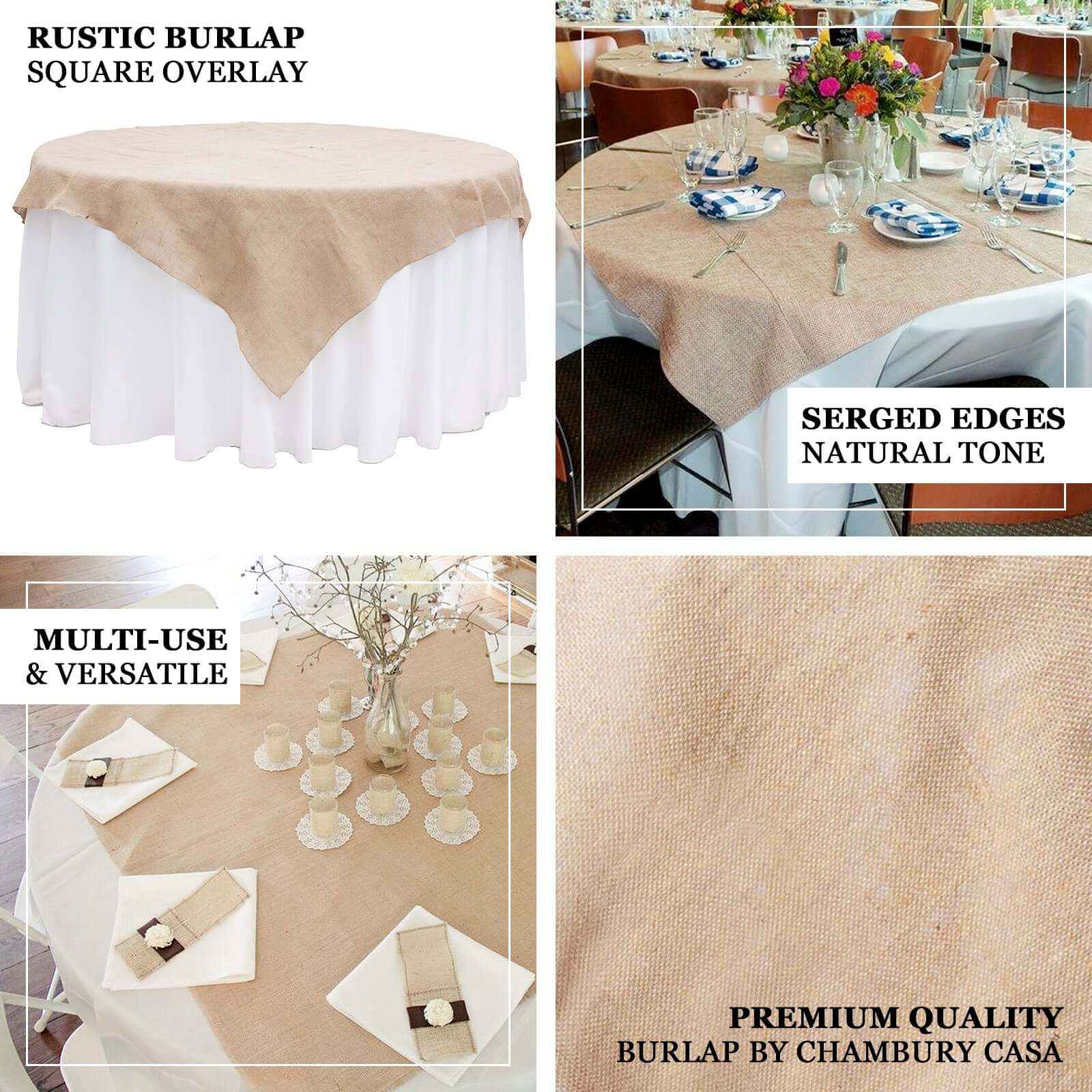 Natural Jute 72"x72" Table Overlay Square Tablecloth - Rustic Design for Authentic Vintage Decor