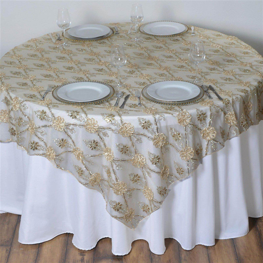 Lace 72"x72" Table Overlay Square Tablecloth Champagne - Satin Sequin Floral Embroidered Design for Special Events