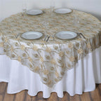 Lace 72"x72" Table Overlay Square Tablecloth Champagne - Satin Sequin Floral Embroidered Design for Special Events