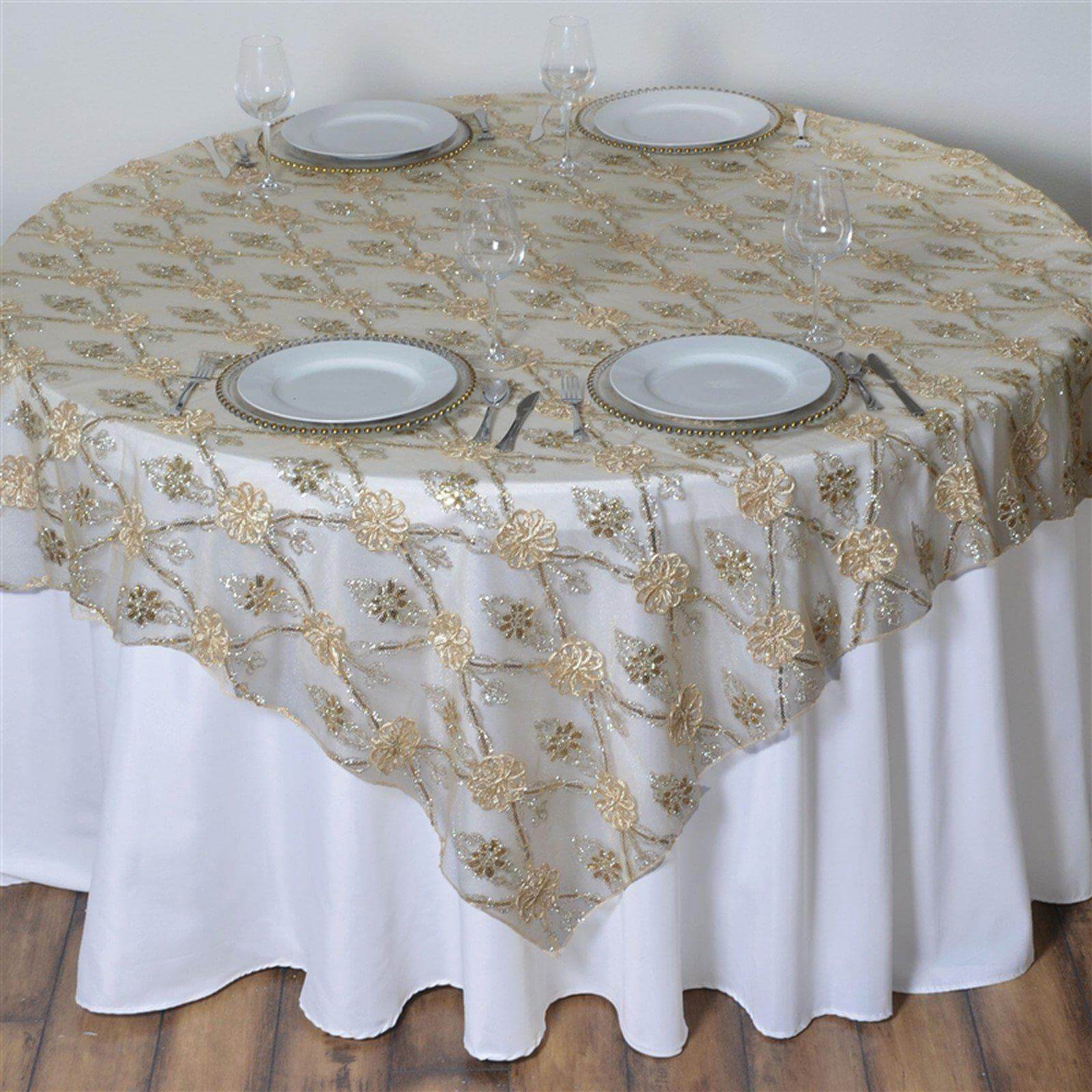 Lace 72"x72" Table Overlay Square Tablecloth Champagne - Satin Sequin Floral Embroidered Design for Special Events
