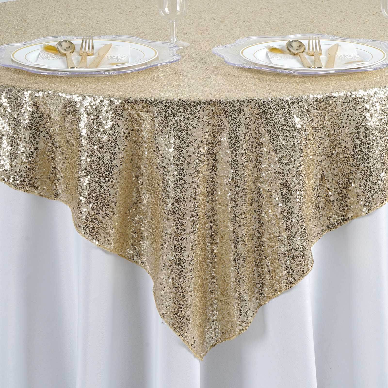 Sequin 60"x60" Table Overlay Square Tablecloth Champagne - Luxe Wedding Table Topper