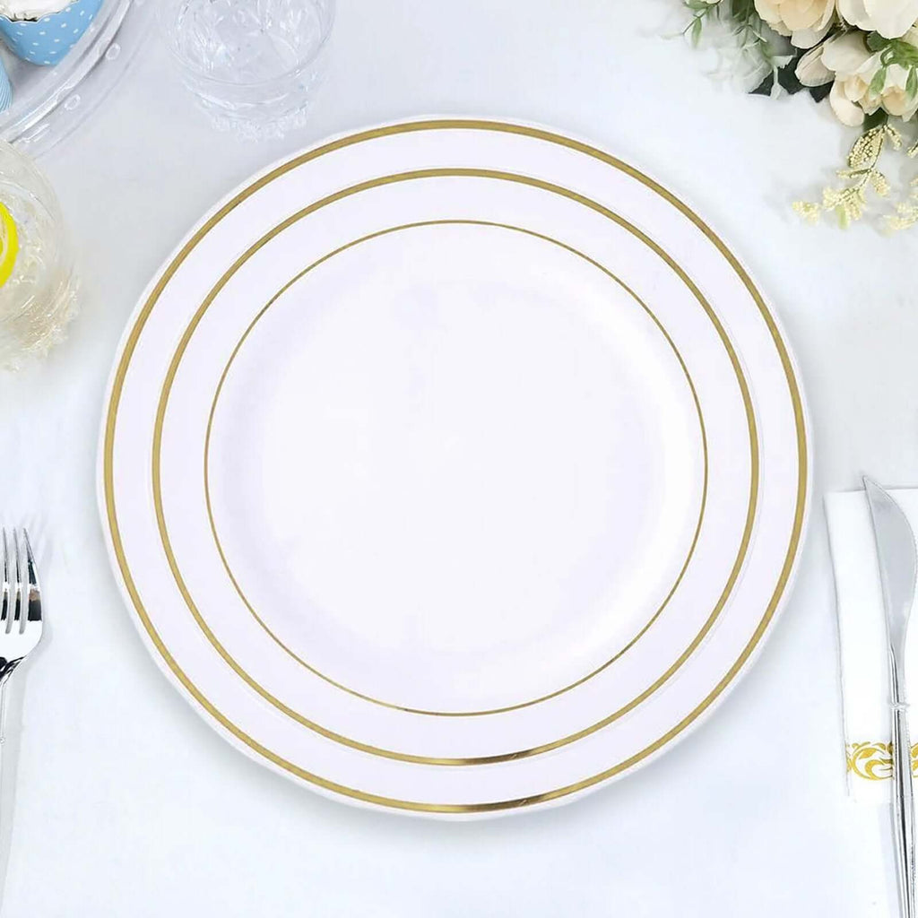 10-Pack Plastic Dessert Plates Ivory with TrÃ¨s Chic Gold Rim - Disposable Plates for Parties 8"