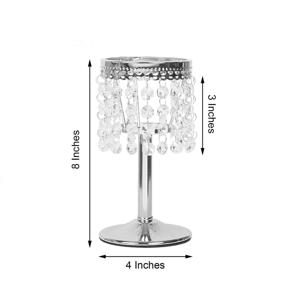 Crystal Beaded Chandelier Metal Candle Holder Silver - Stylish Tealight Stand for Decor 8"