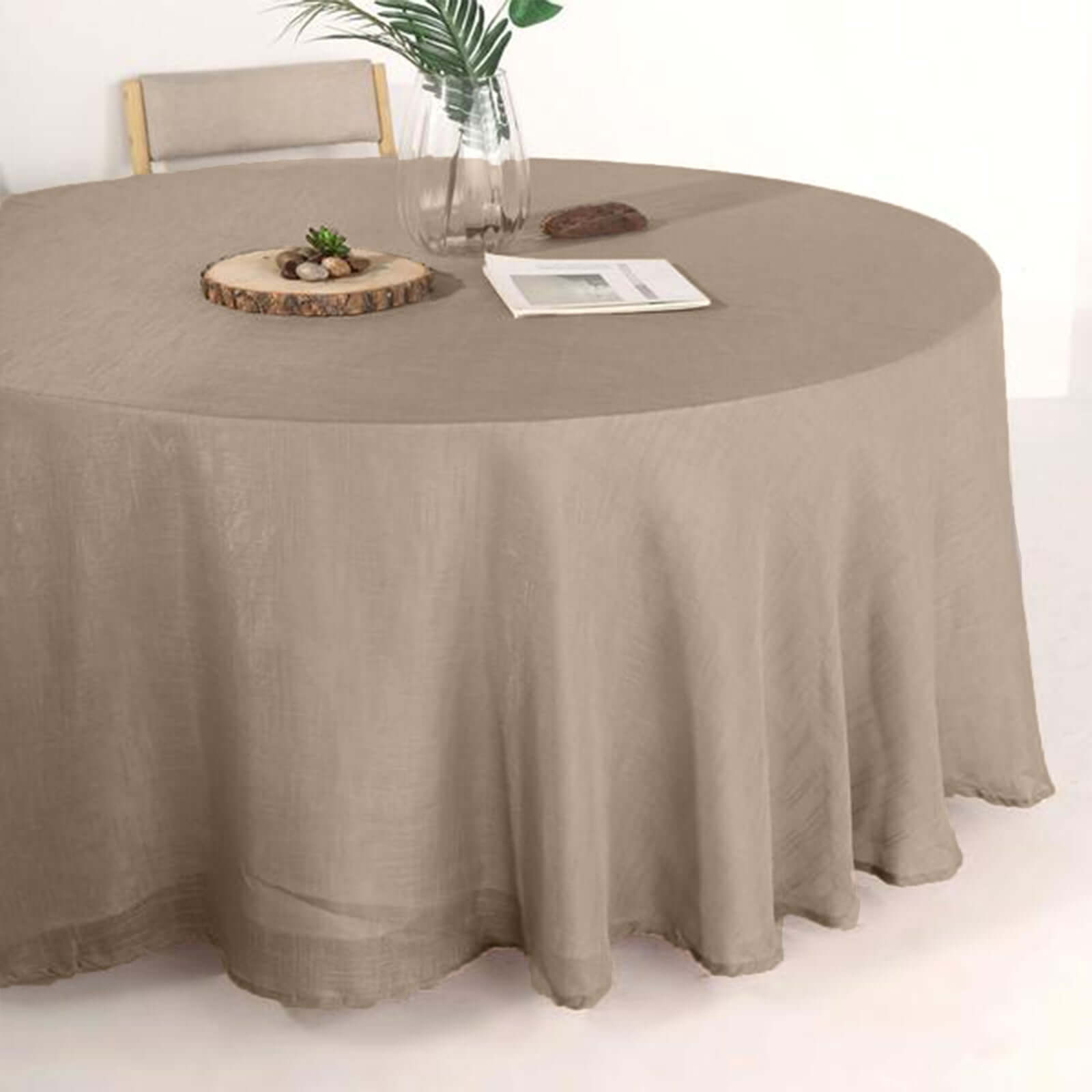 Faux Linen 120" Round Tablecloth Taupe - Slubby Texture Wrinkle-Resistant Seamless Table Cover
