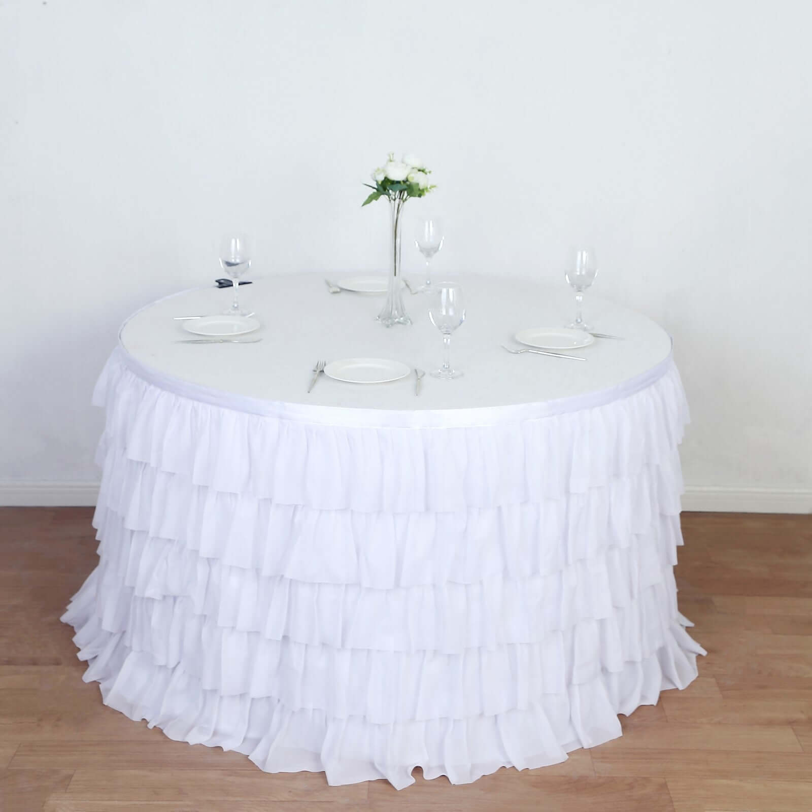 Chiffon 14ft Table Skirt White - 5 - Tier Ombre Ruffled Tutu Table Cover with Satin Backing for Sophisticated Events - Bell Racket Store