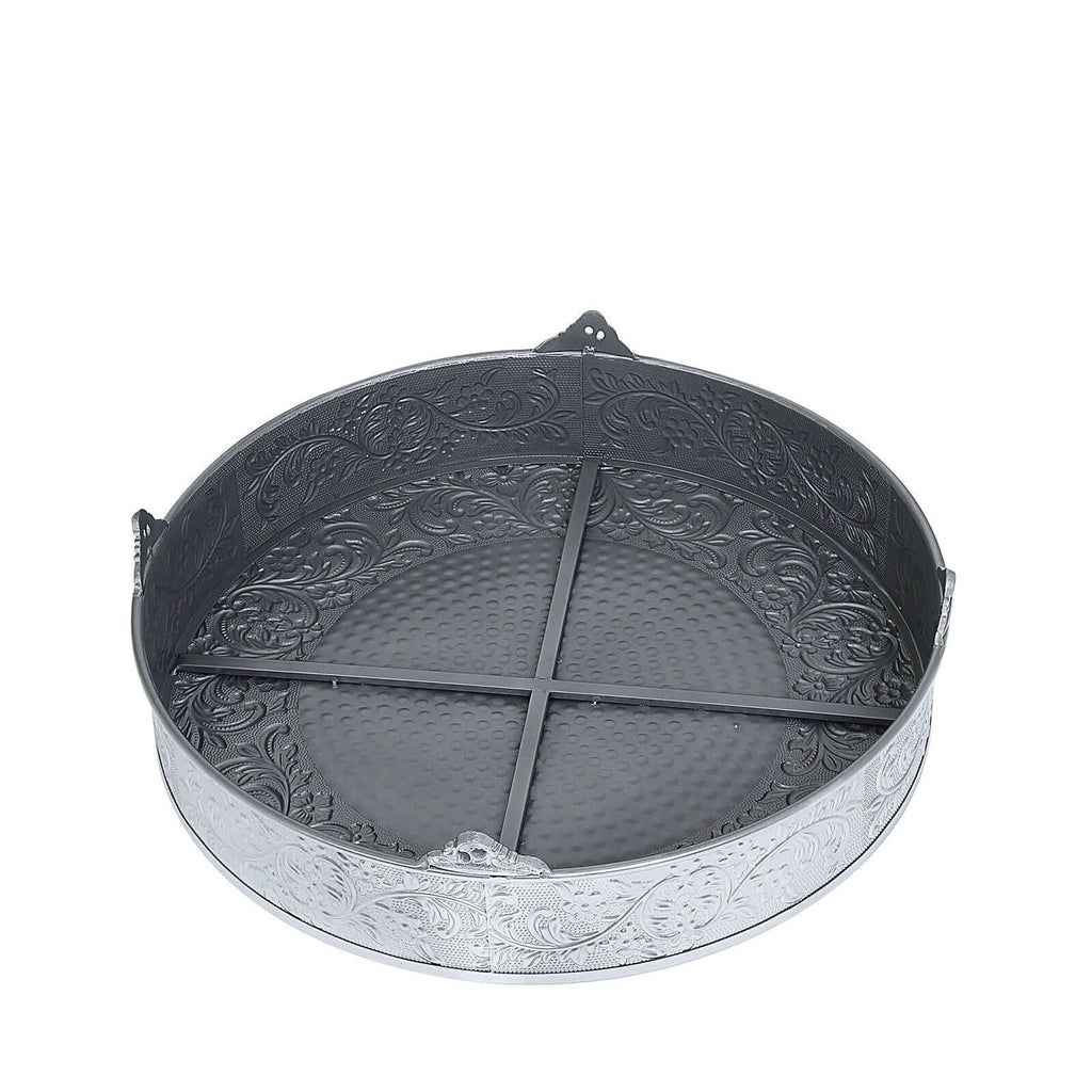 Metal 22" Round Cake Pedestal Stand Matte Silver - Cupcake Dessert Display Riser with Intricate Embossed Design for Upscale Events & Gatherings