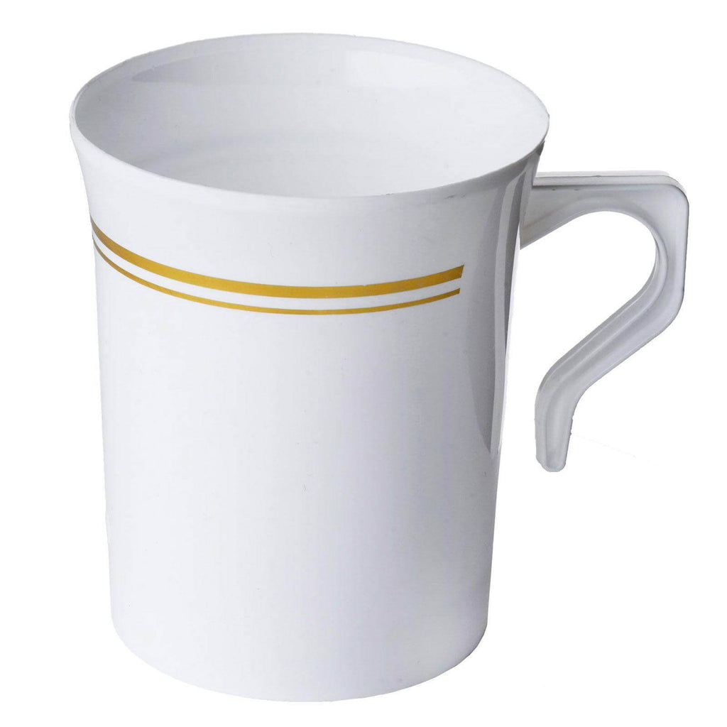 8-Pack Plastic Coffee Mugs White with Gold Stripes - Sturdy Disposable Cups for Coffee and Tea 8oz 4"