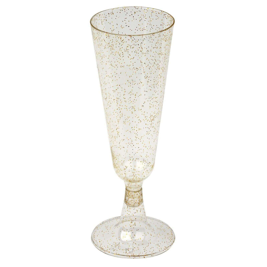 12-Pack Plastic Champagne Glasses Gold Glittered Short Stem - Stylish Disposable Flutes with Detachable Base for Toasts 5oz