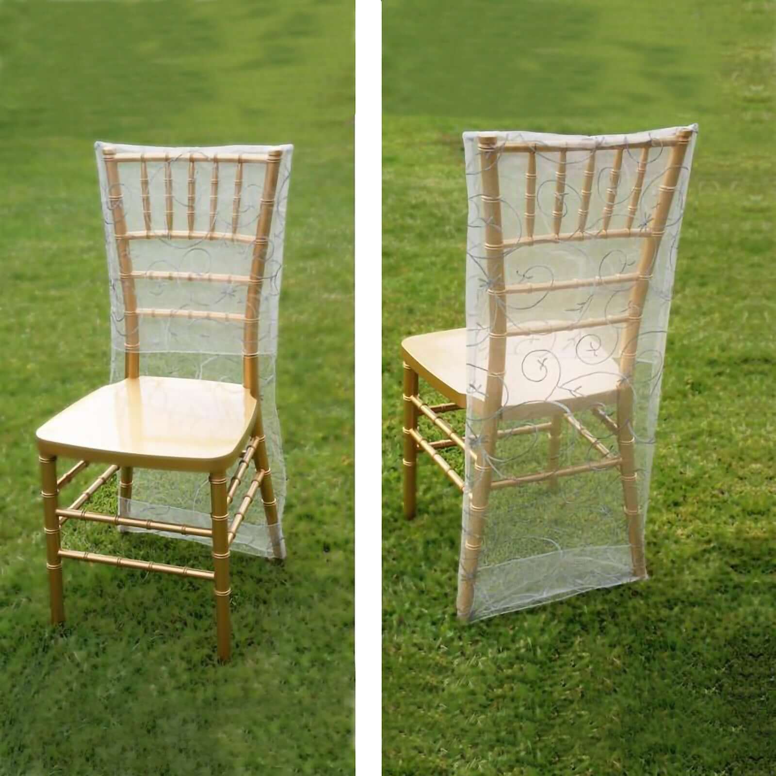 Organza Chair Slipcover with Satin Embroidery for Chiavari Chairs Silver - Chair Back Cover