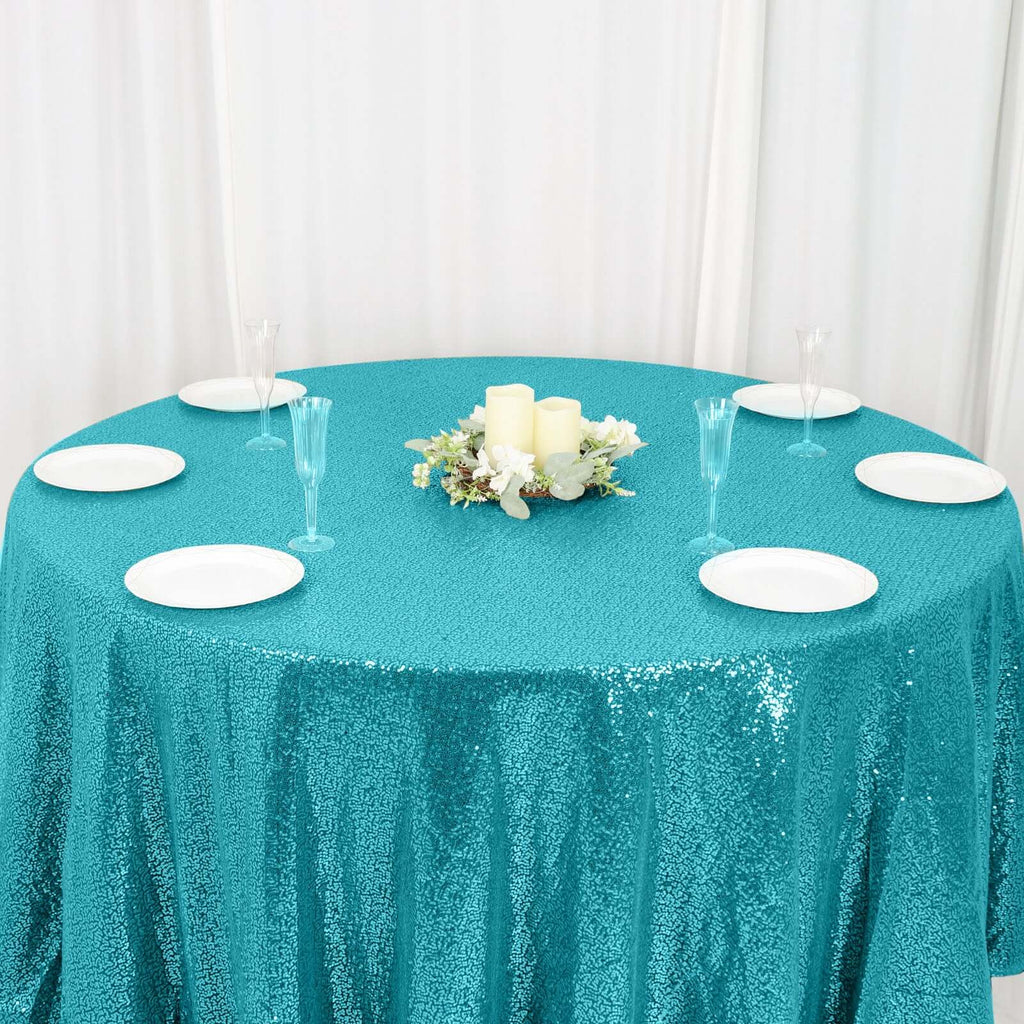 Sequin 120" Round Tablecloth Turquoise - Seamless Glittering Table Cover