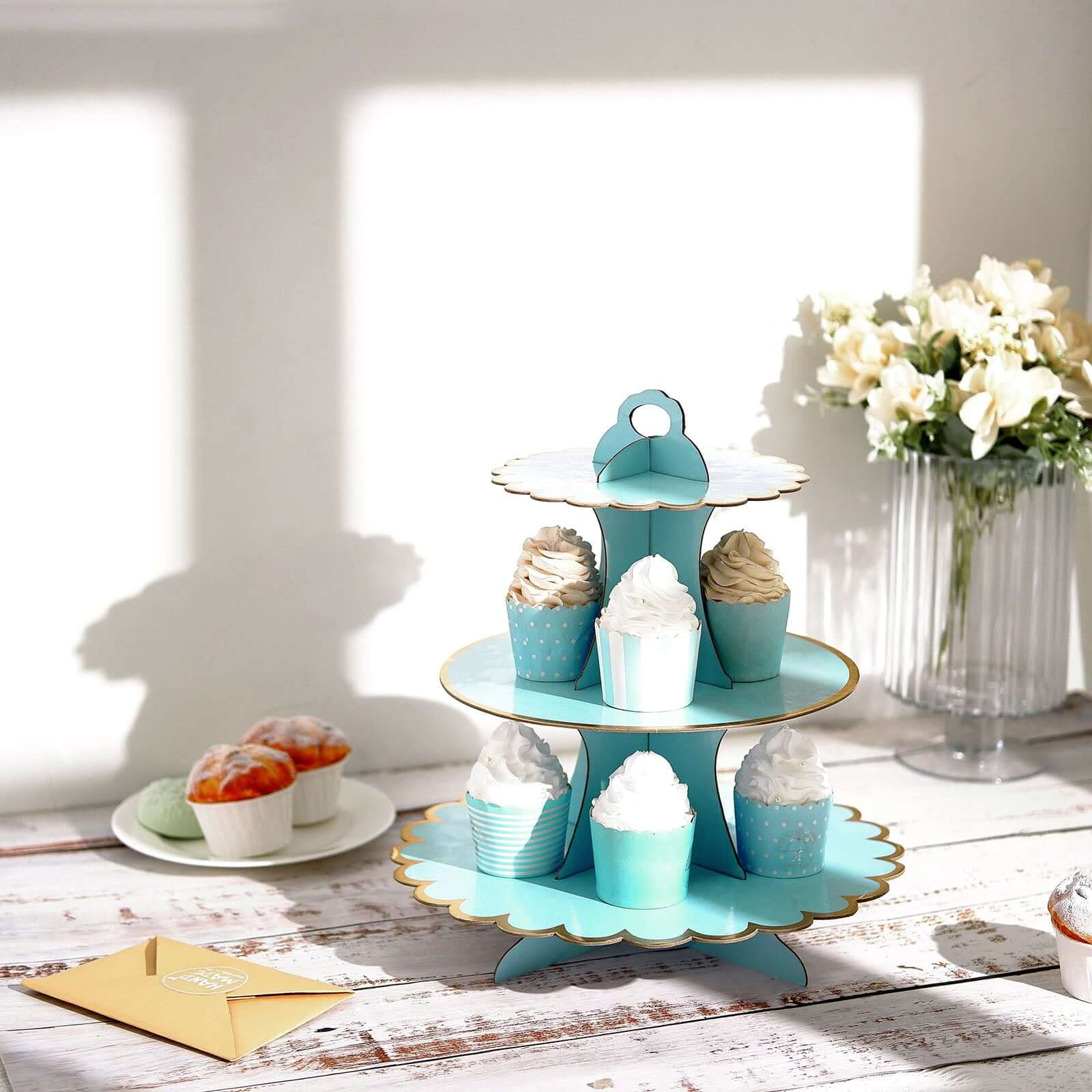 3-Tier Cardboard Cupcake Stand Light Blue - Sturdy & Collapsible Dessert Treat Tower with Gold Scalloped Rim for Baby Shower Wedding & Party Decor 13"