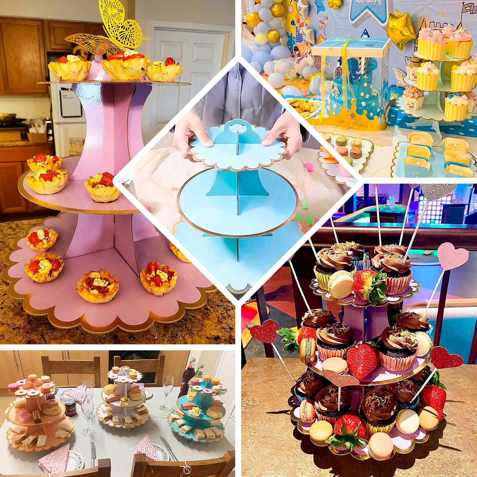 3-Tier Cardboard Cupcake Stand White - Sturdy & Collapsible Dessert Treat Tower with Gold Scalloped Rim for Baby Shower Wedding & Party Decor 13"