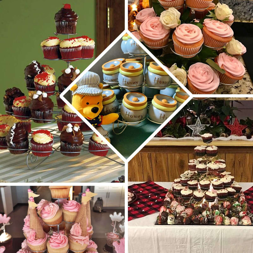 5-Tier Metal Cupcake Stand 15" Silver with 41 Spiral Holders - Space-Saving Non-Chip Finish Dessert Display Tower Tray for Parties & Buffets