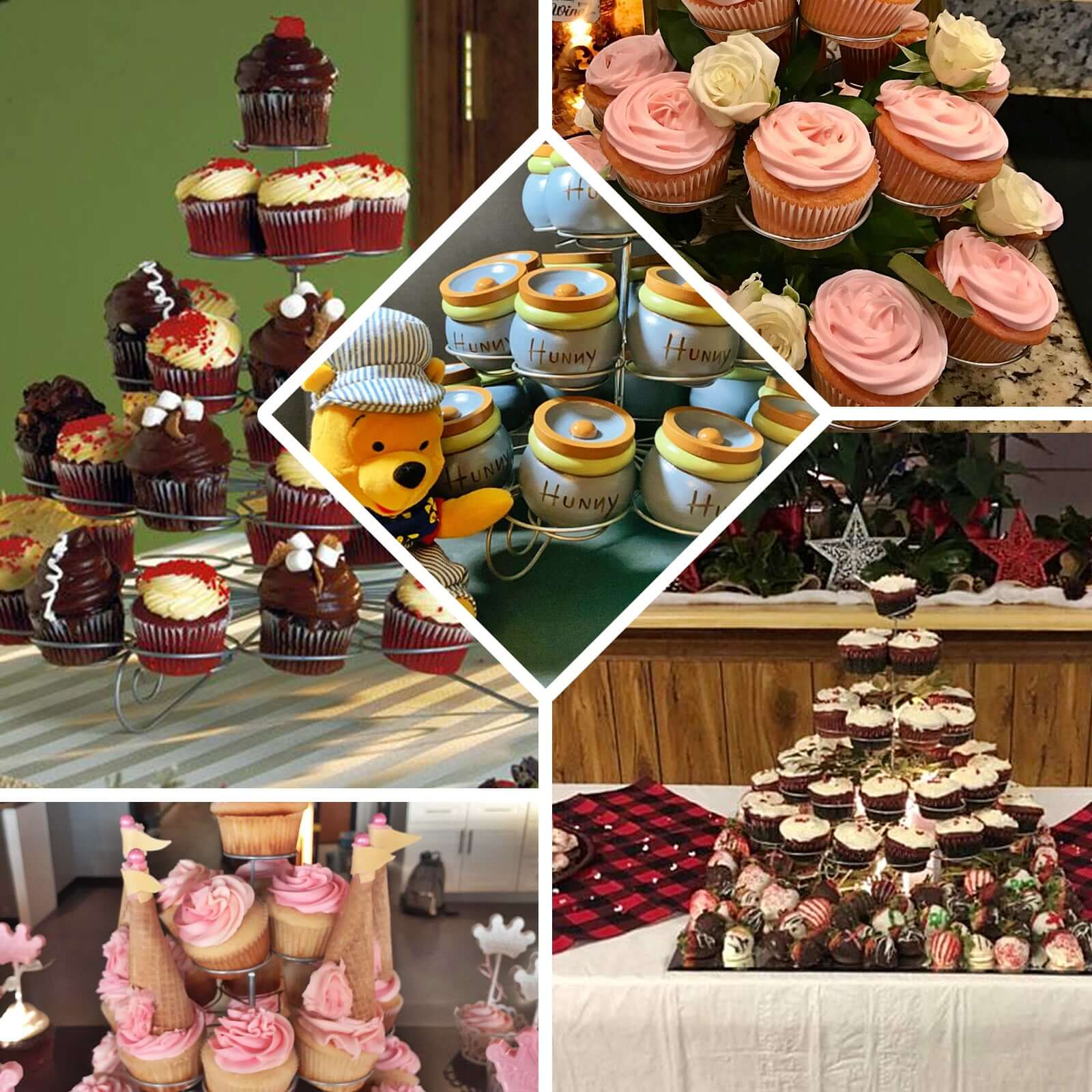 5-Tier Metal Cupcake Stand 15" Silver with 41 Spiral Holders - Space-Saving Non-Chip Finish Dessert Display Tower Tray for Parties & Buffets