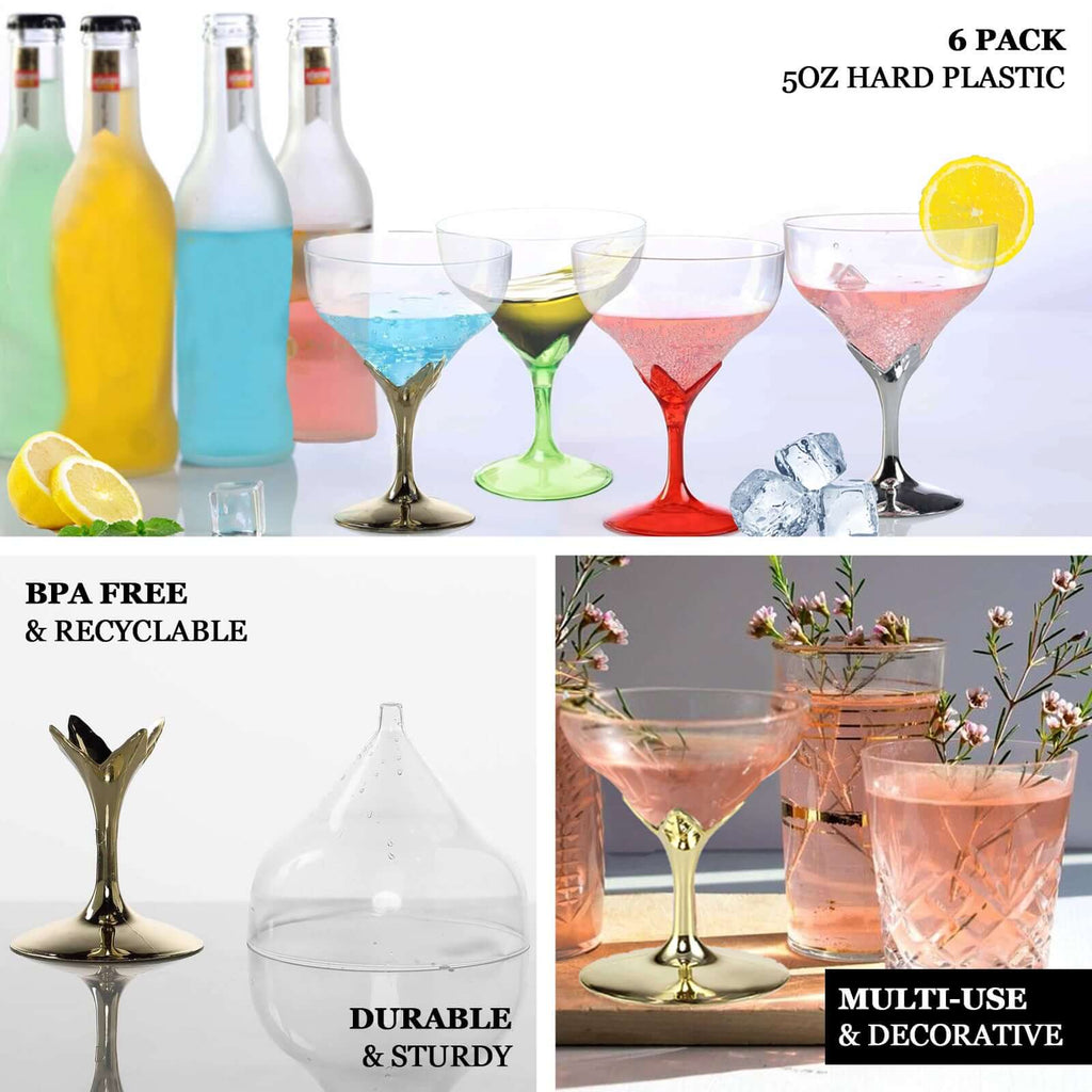 6-Pack Plastic Champagne Glasses Gold Hard Material - Durable Disposable Goblets for Wine 5oz