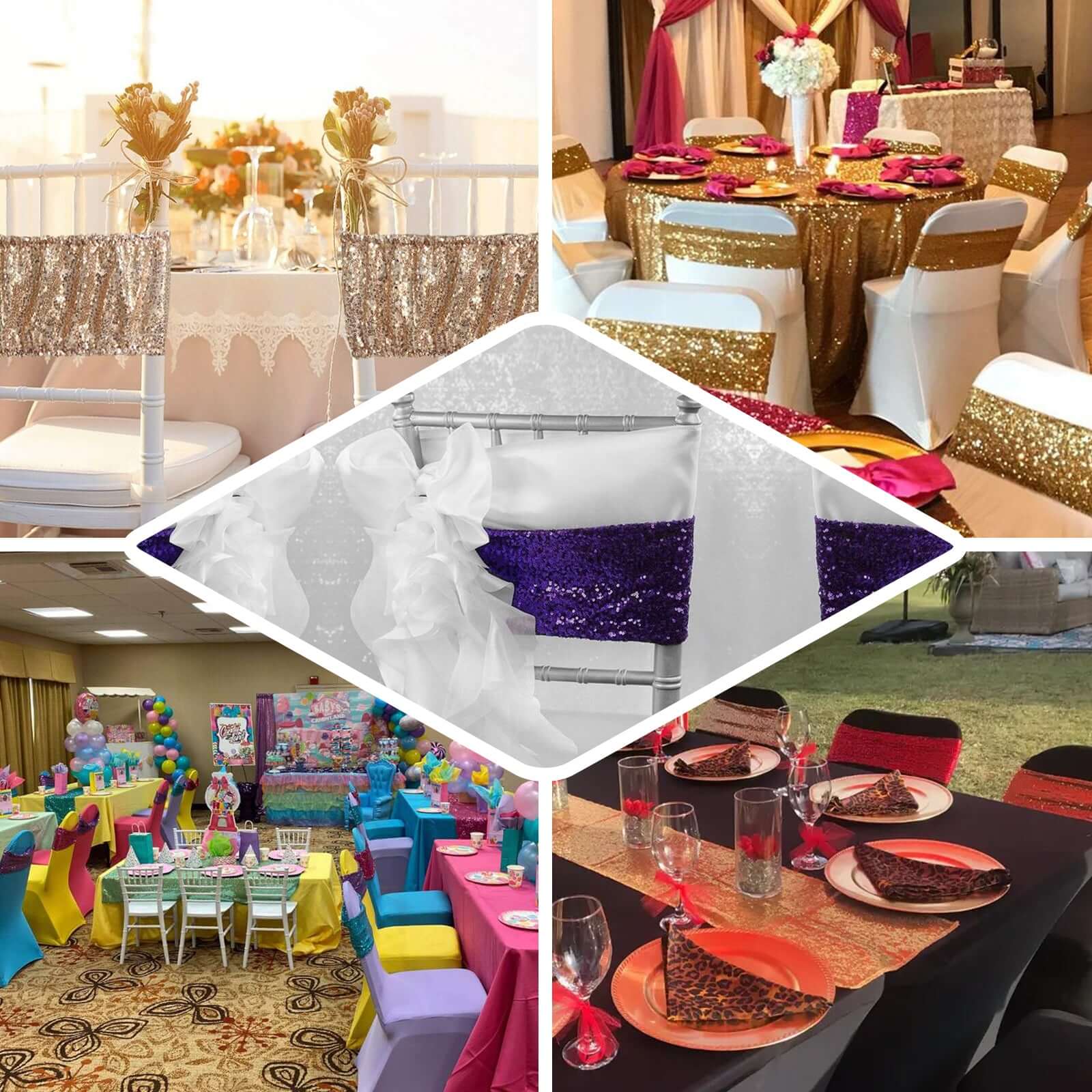 5 Pack Sequin Spandex Chair Sashes Light Blue - Stretch Chair Bands 6"x15"