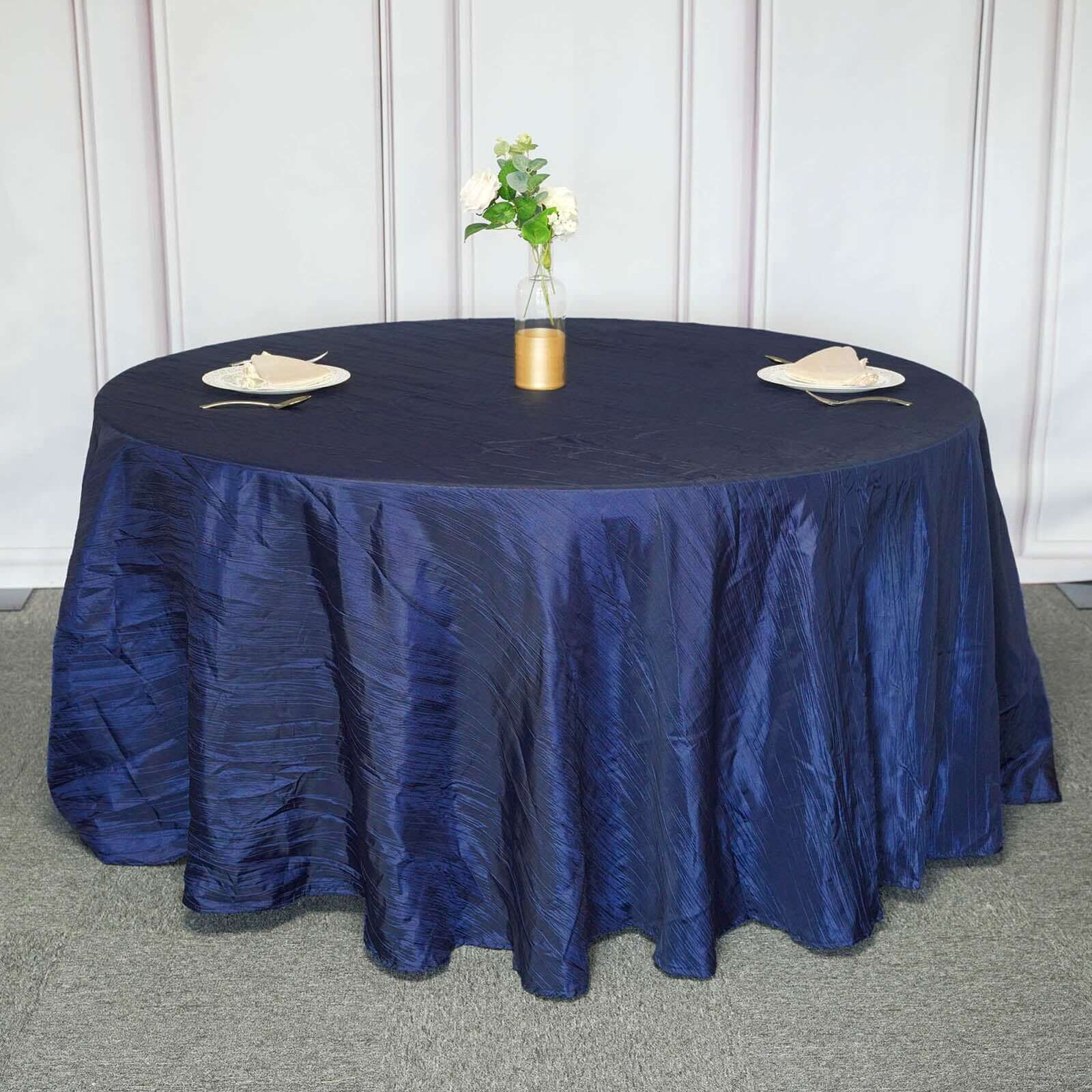 Taffeta 120" Round Tablecloth Navy Blue - Seamless Accordion Crinkle Table Cover