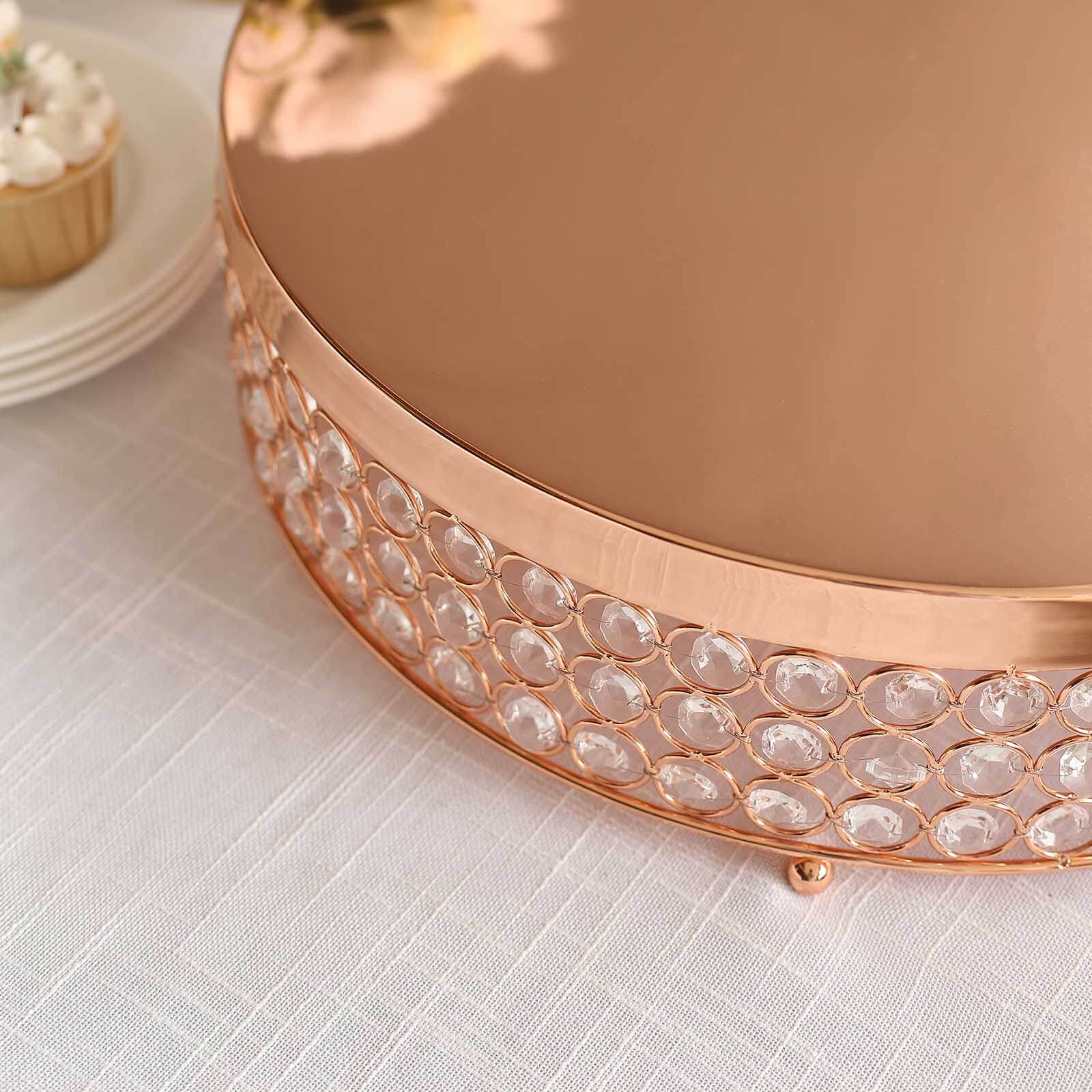 Metal Cake Stand Pedestal Crystal Beaded Design Rose Gold - Cupcake Display and Dessert Riser 16"