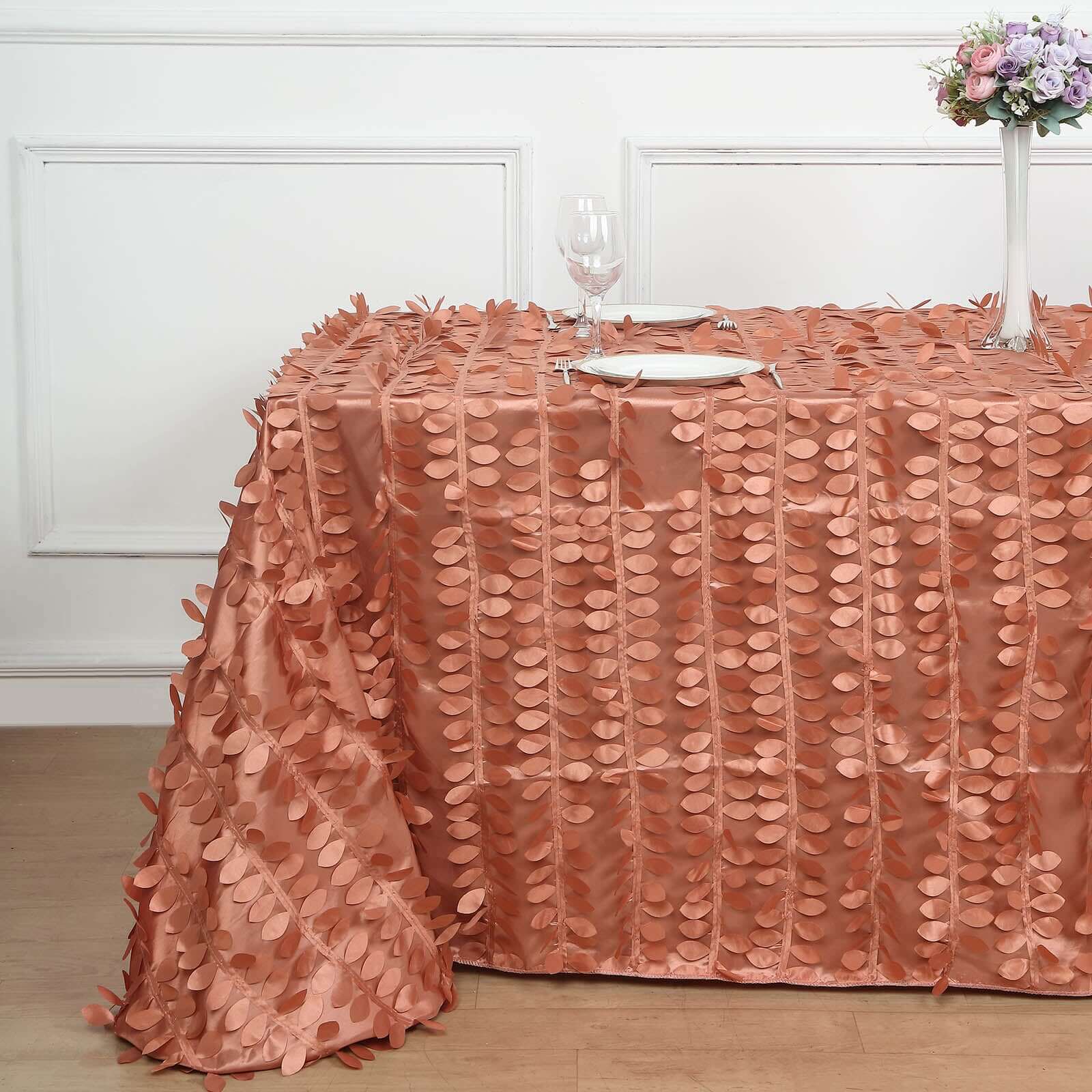 Taffeta 90"x156" Rectangle Tablecloth Terracotta (Rust) | 3D Leaf Petal Design Seamless Table Cover
