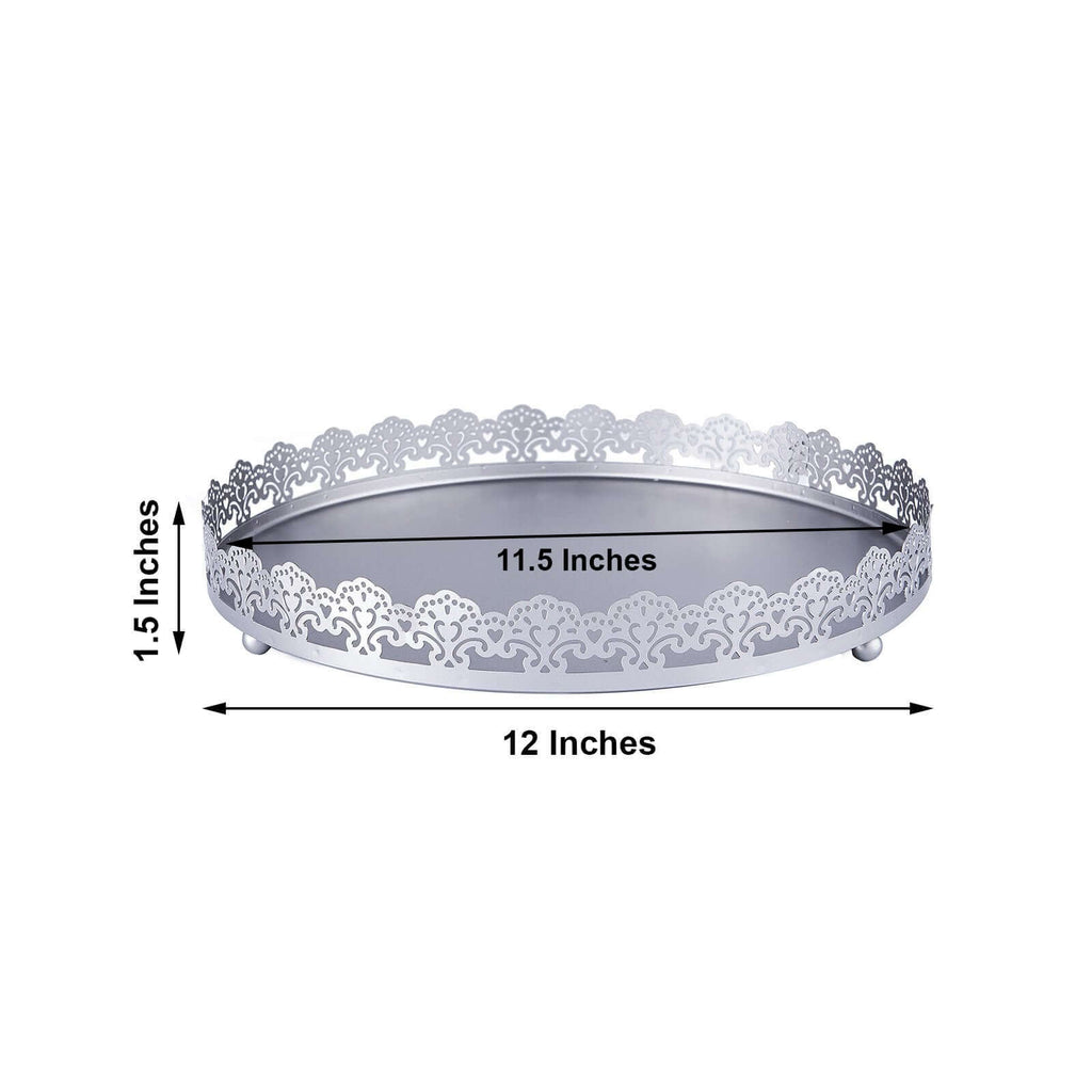 Metal Round Serving Tray 12" in Silver with Embellished Rims, Stylish Decorative Vanity Tray Centerpiece